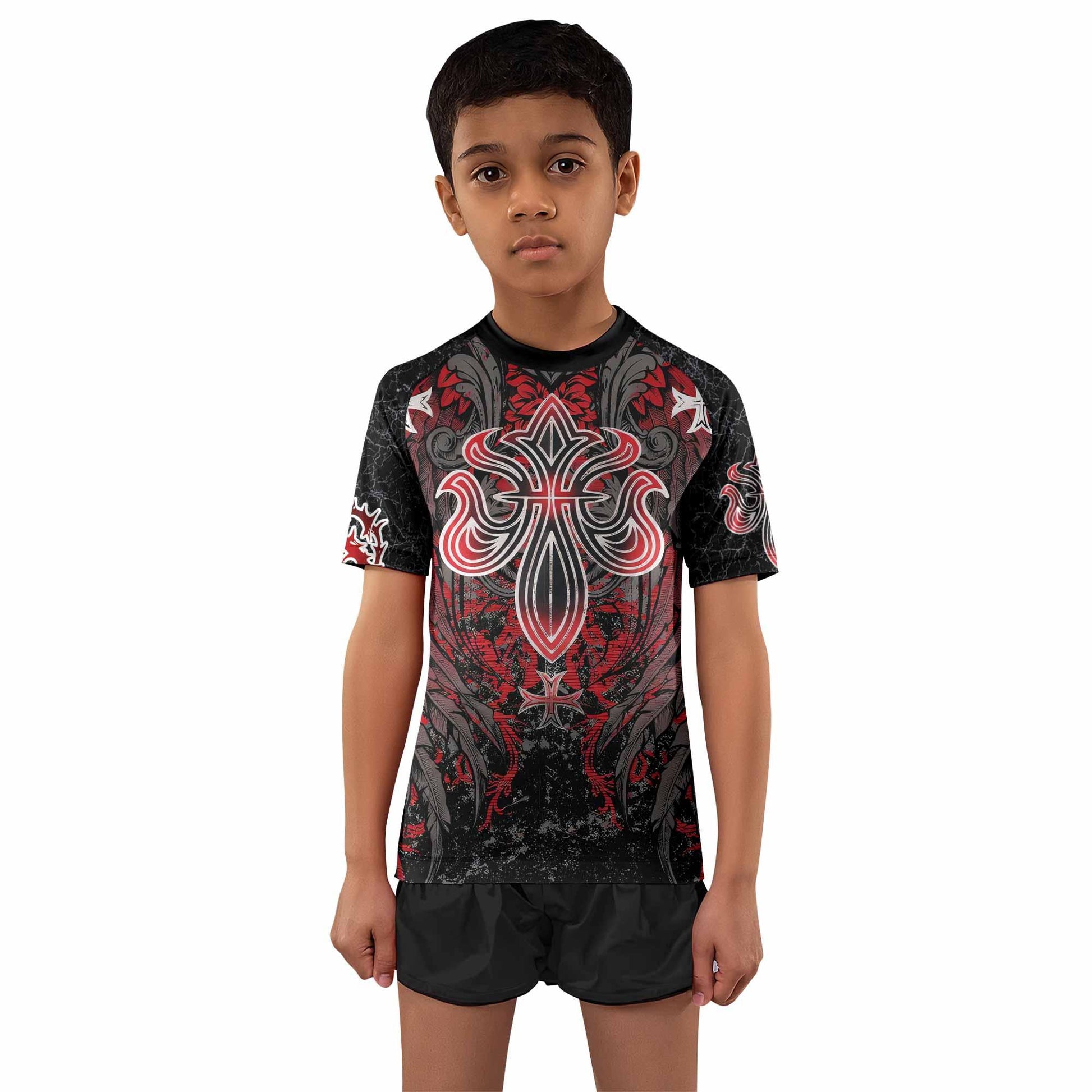 Crimson Faith Cross Kids Rash Guard Short Sleeve - boy's lifestyle view