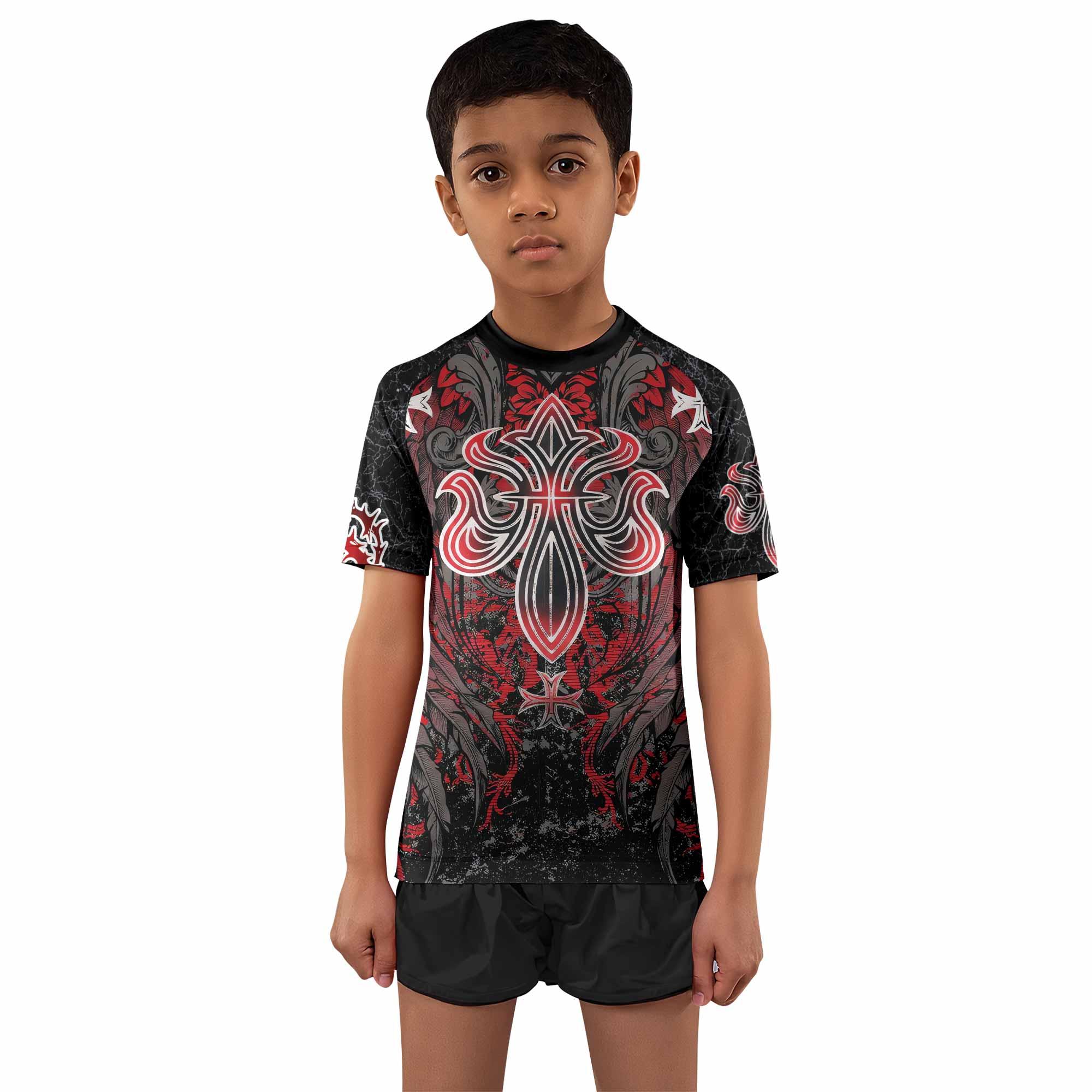 Crimson Faith Cross Kids Rash Guard Short Sleeve - boy's lifestyle view