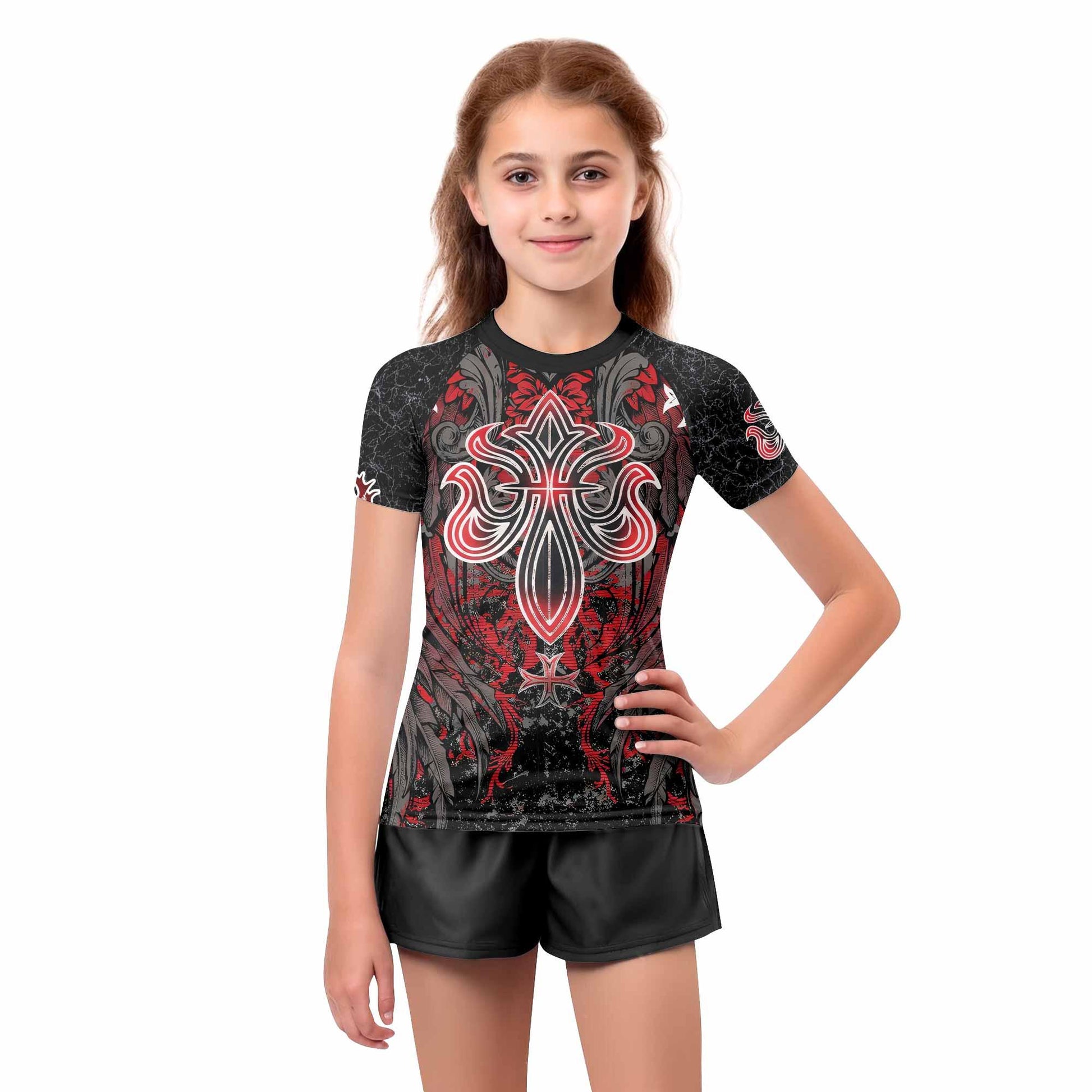 Crimson Faith Cross Kids Rash Guard Short Sleeve - girl's lifestyle view