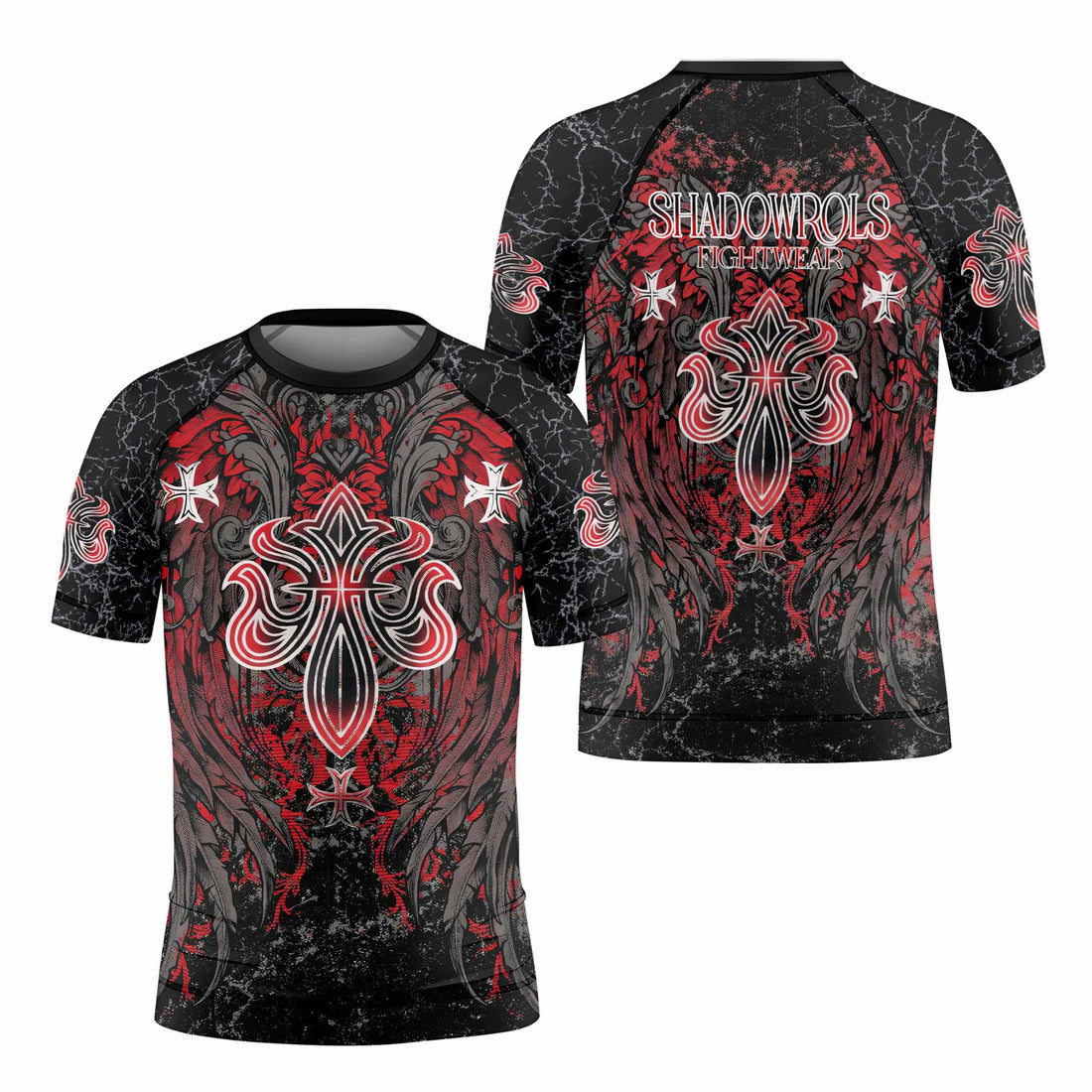 Crimson Faith Cross Kids Rash Guard Short Sleeve - front and back view