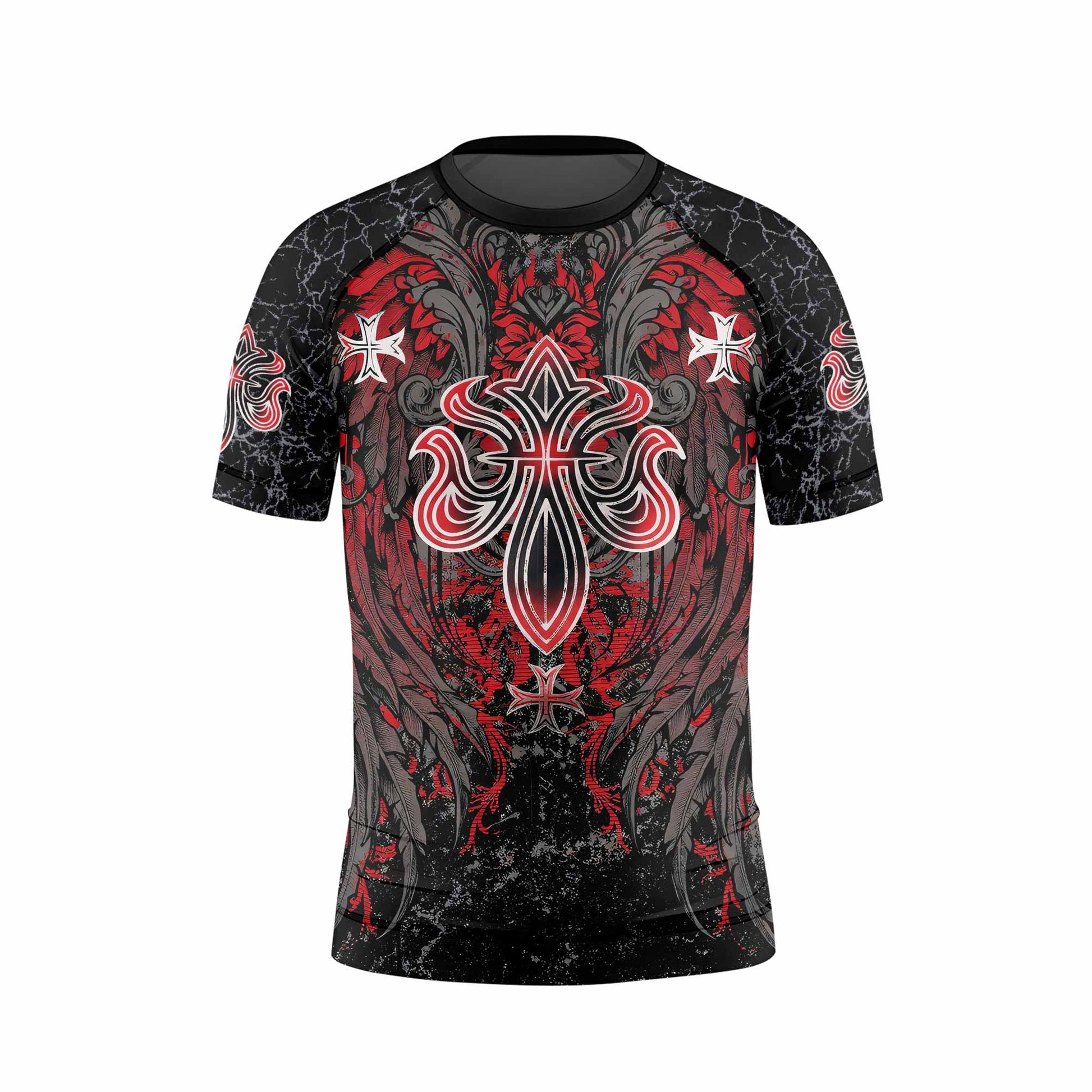 Crimson Faith Cross Kids Rash Guard Short Sleeve - back view mockup