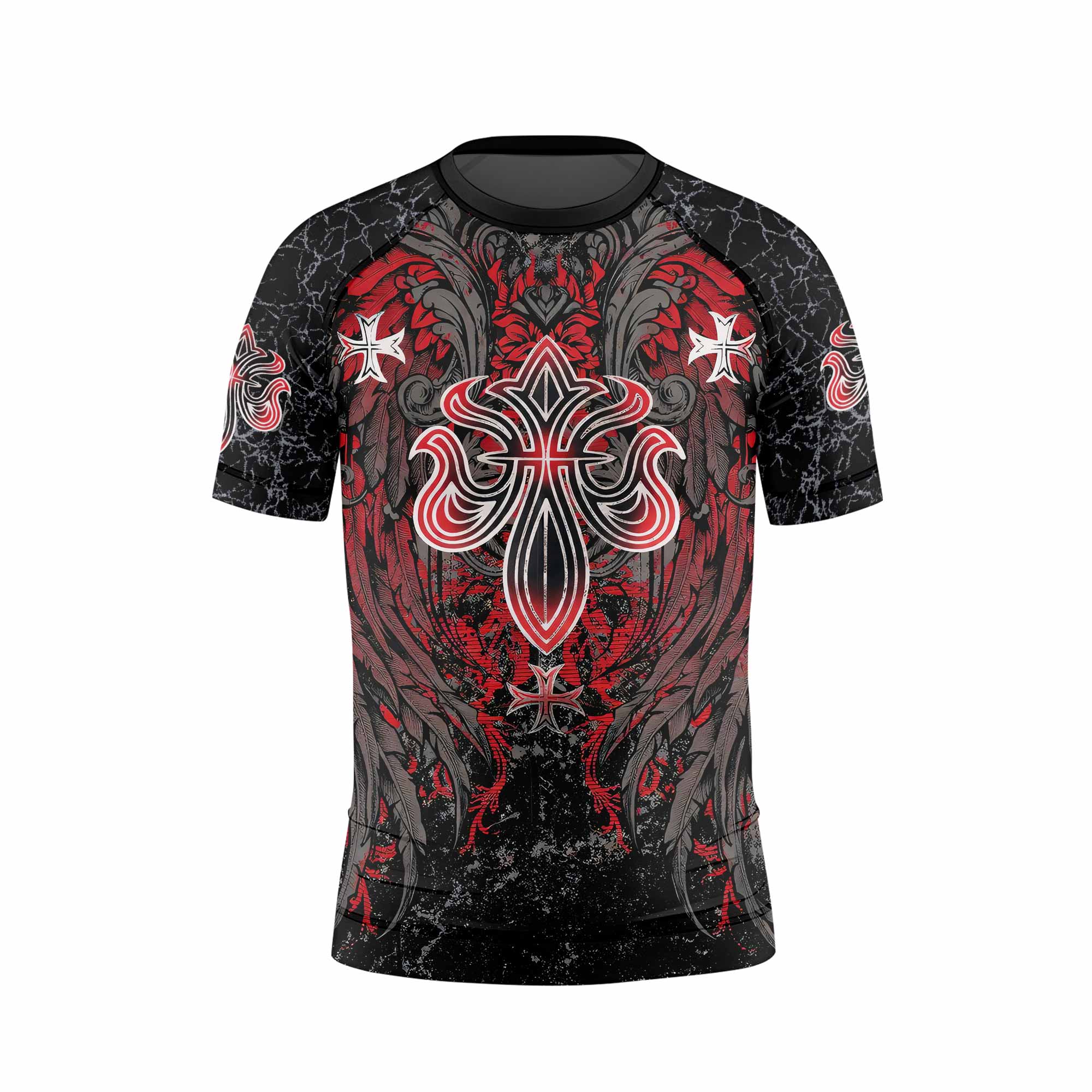 Crimson Faith Cross Kids Rash Guard Short Sleeve - back view mockup