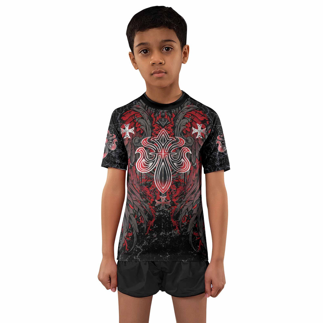 Crimson Faith Cross Kids Rash Guard Short Sleeve - front and back view