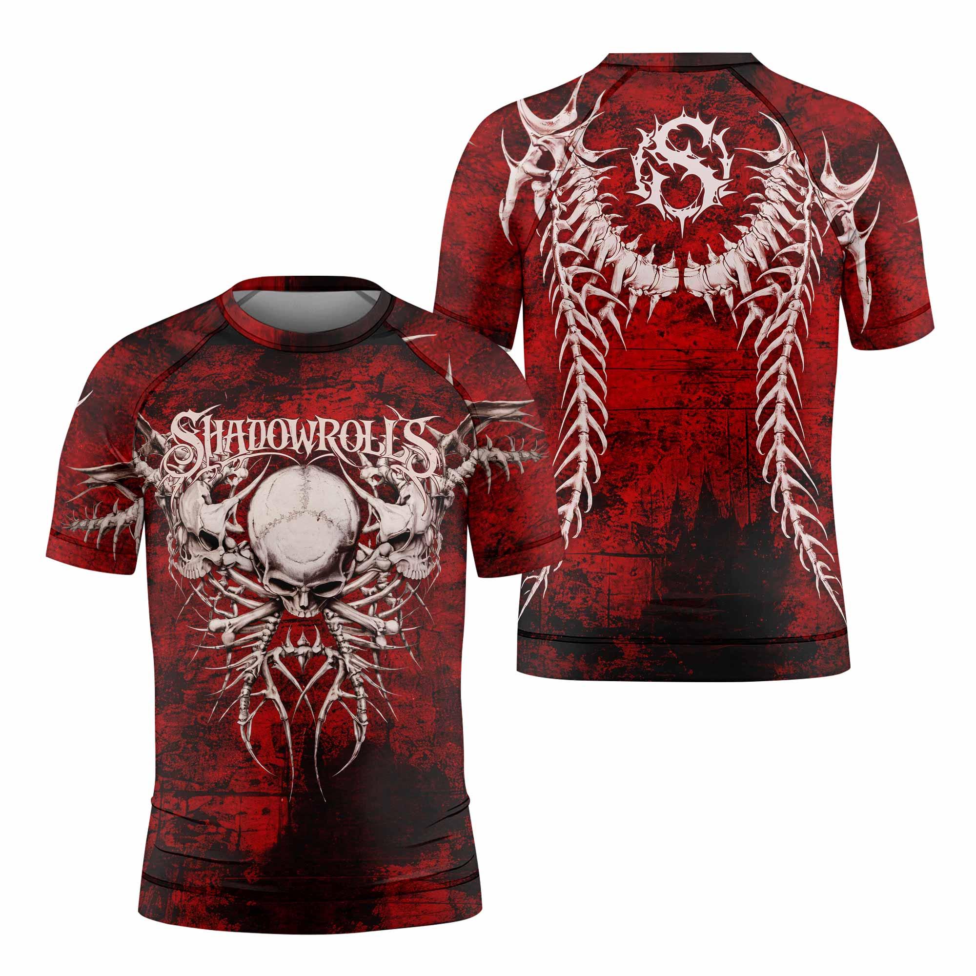 Blood Spine Skull Kids Rash Guard Short Sleeve - front and back view
