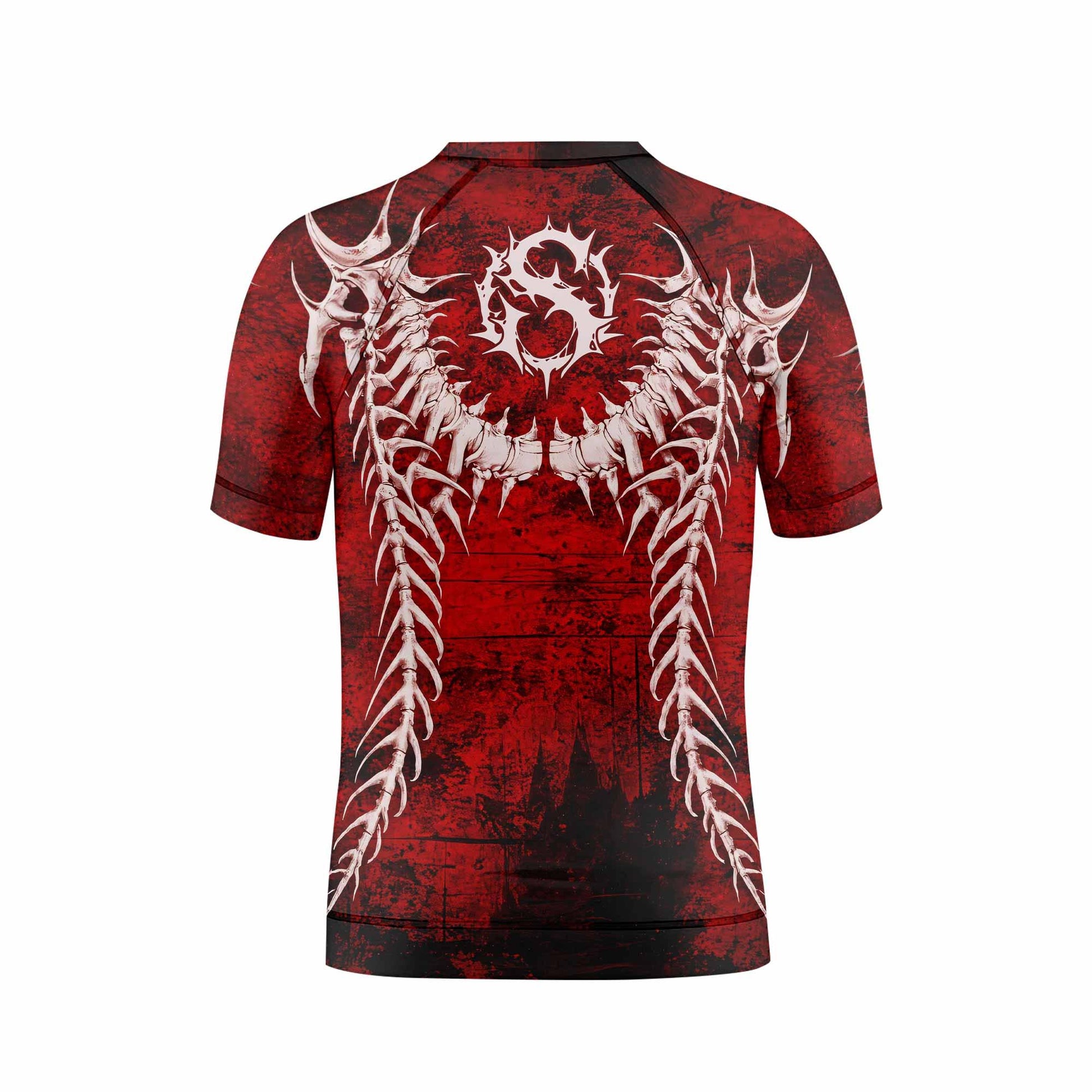 Blood Spine Skull Kids Rash Guard Short Sleeve - back view mockup