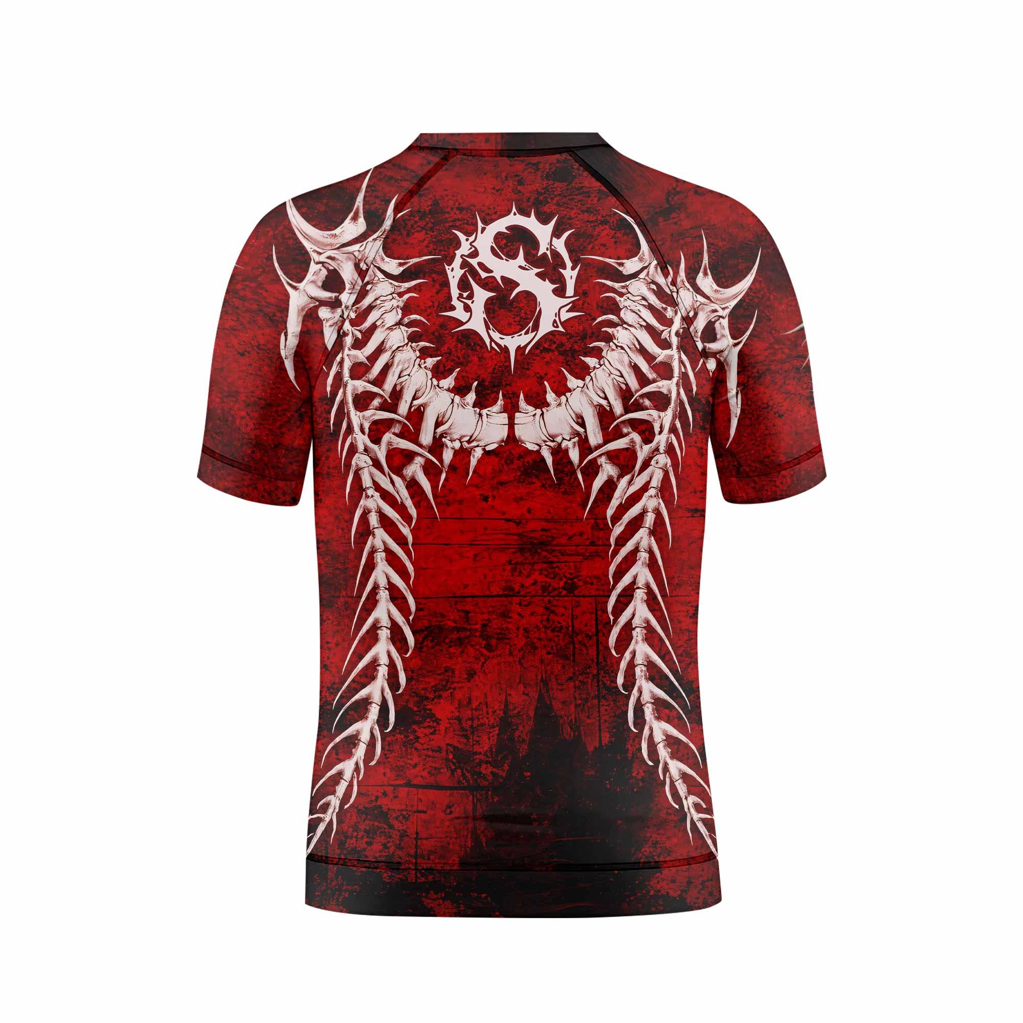 Blood Spine Skull Kids Rash Guard Short Sleeve - back view mockup
