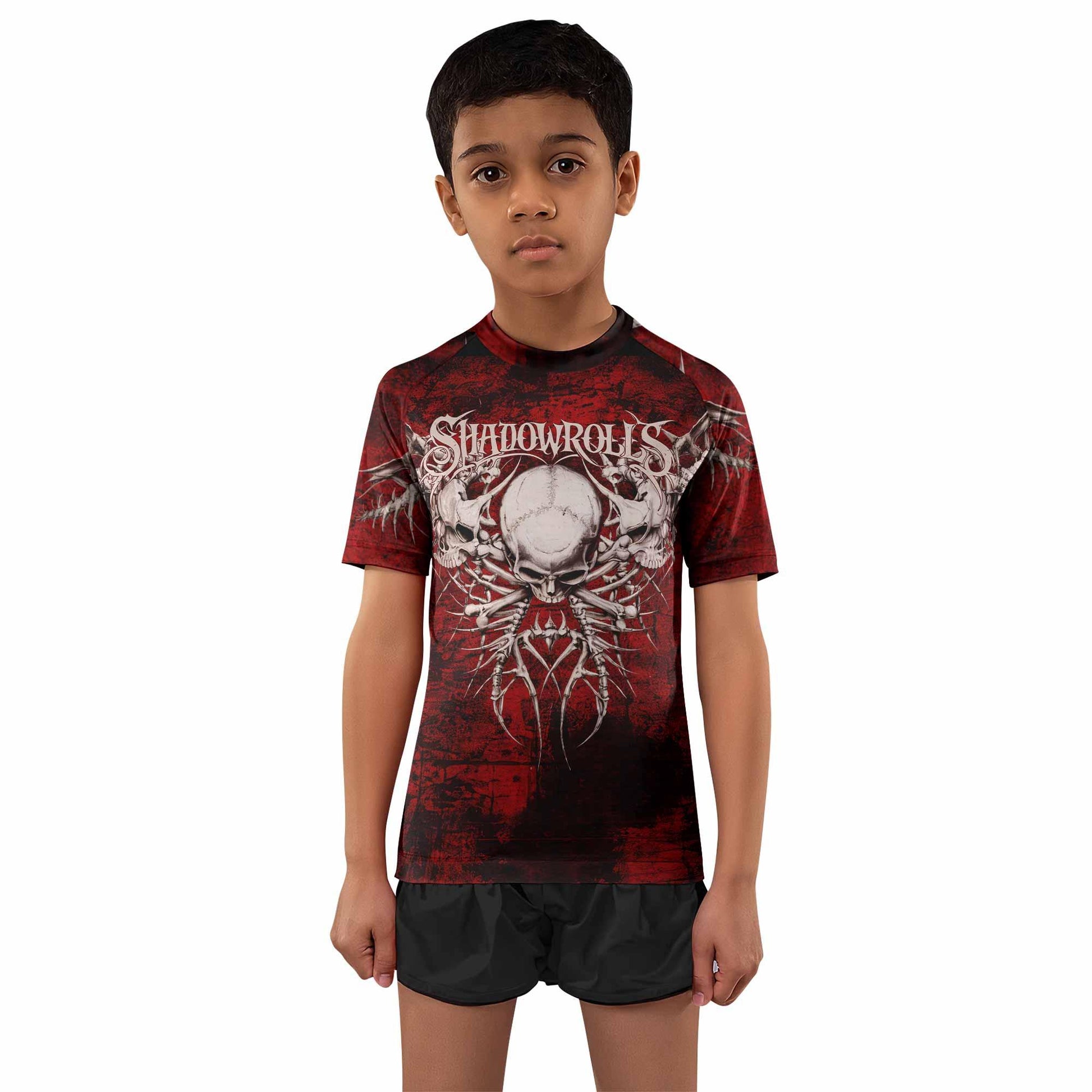 Blood Spine Skull Kids Rash Guard Short Sleeve - boy's lifestyle view