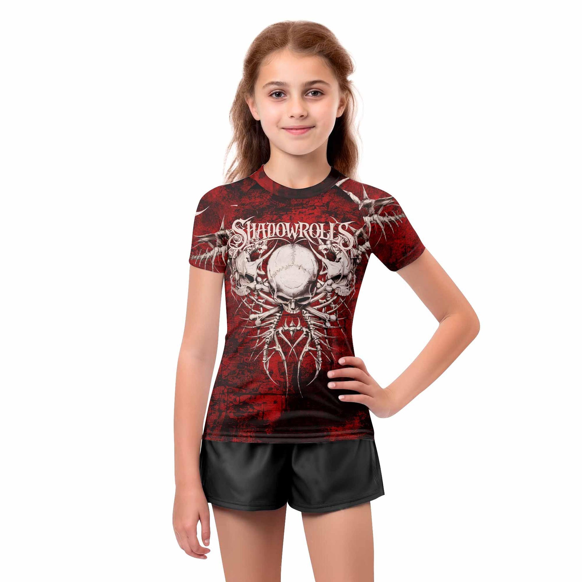 Blood Spine Skull Kids Rash Guard Short Sleeve - girl's lifestyle view