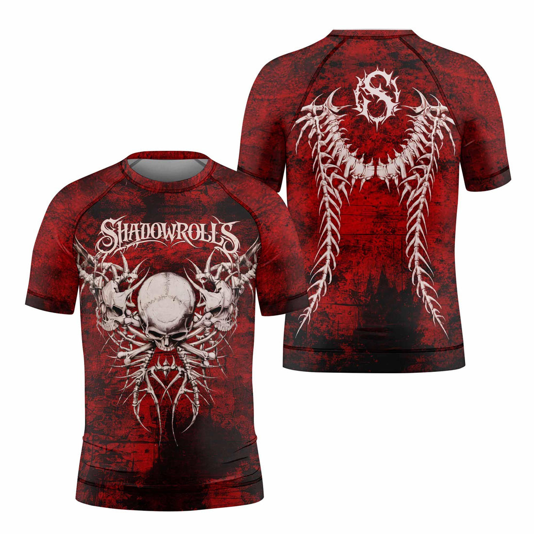 Blood Spine Skull Kids Rash Guard Short Sleeve - front and back view