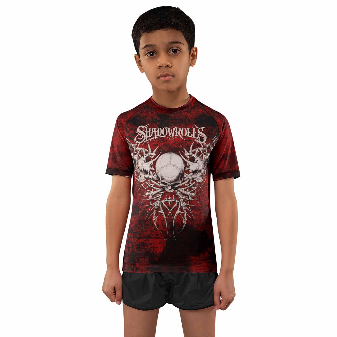 Blood Spine Skull Kids Rash Guard Short Sleeve - front and back view