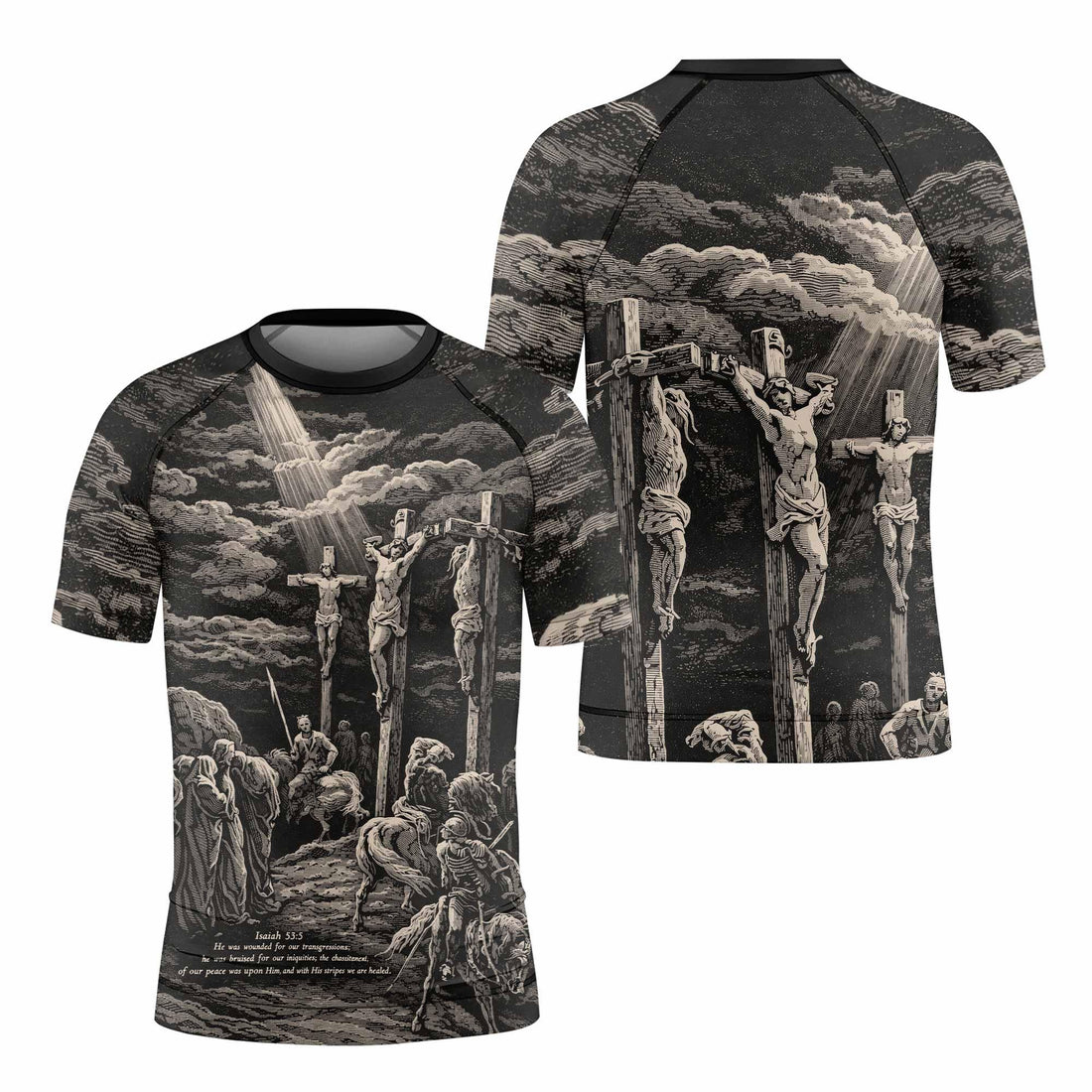 By His Stripes We Are Healed Kids Rash Guard Short Sleeve - front and back view