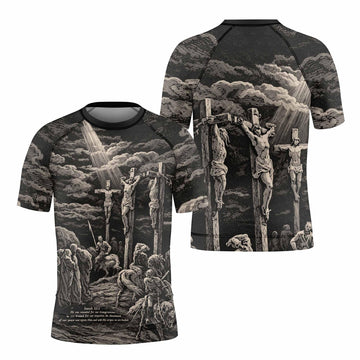 By His Stripes We Are Healed Kids Rash Guard Short Sleeve - front and back view