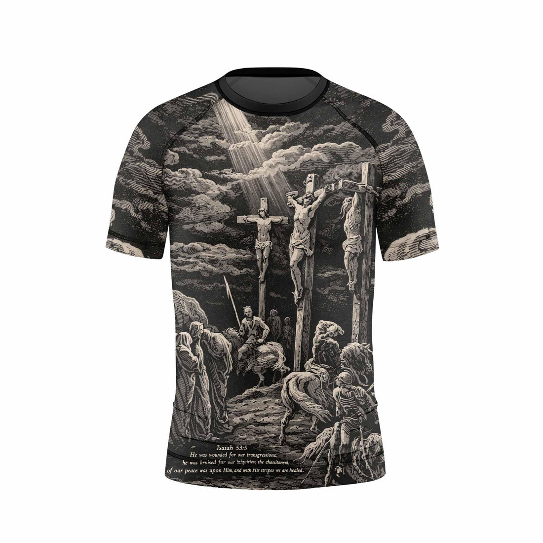 By His Stripes We Are Healed Kids Rash Guard Short Sleeve - front and back view