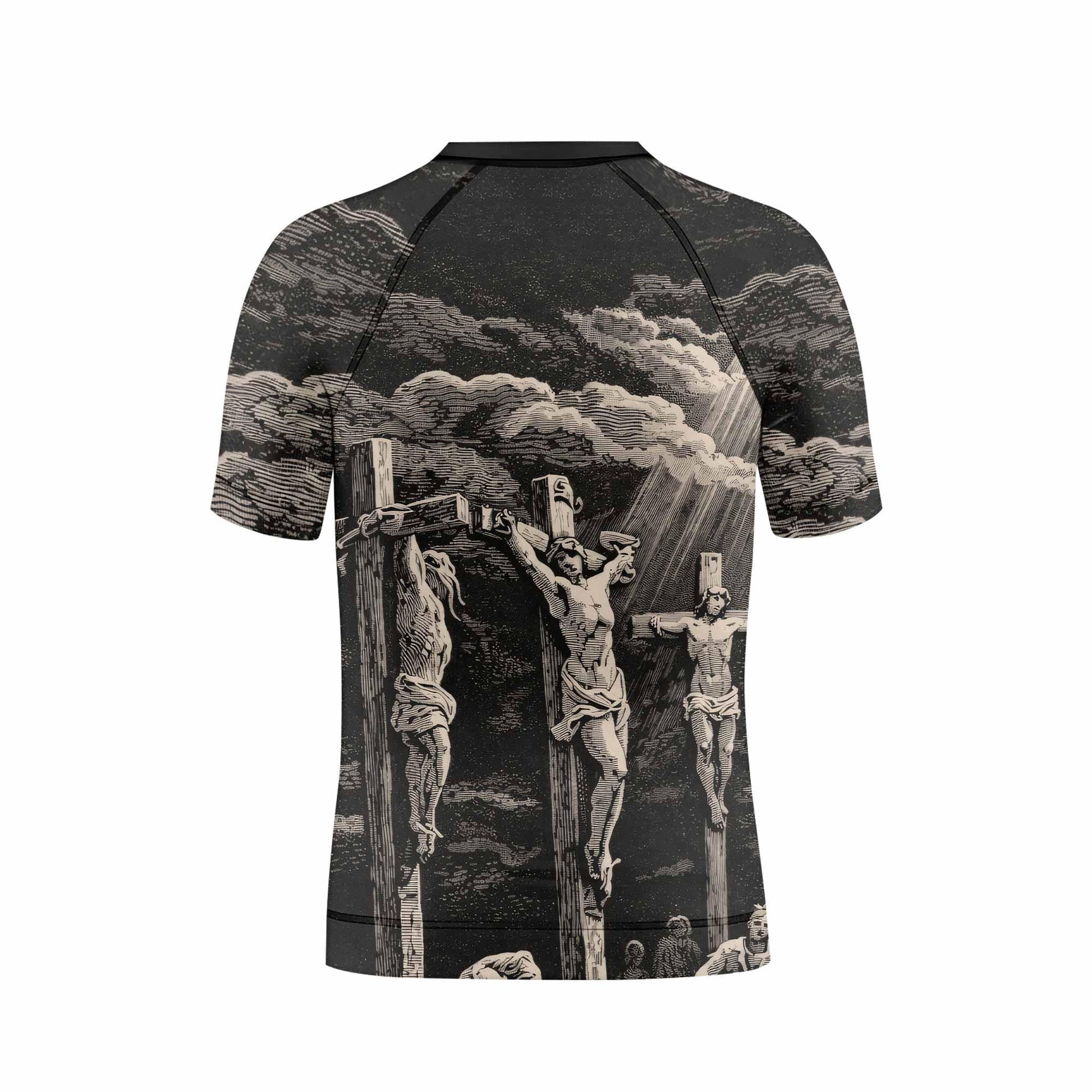 By His Stripes We Are Healed Kids Rash Guard Short Sleeve - back view mockup