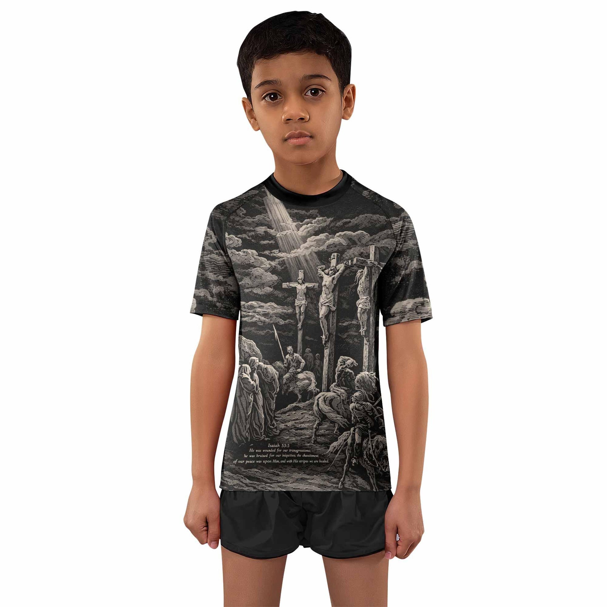 By His Stripes We Are Healed Kids Rash Guard Short Sleeve - boy's lifestyle view