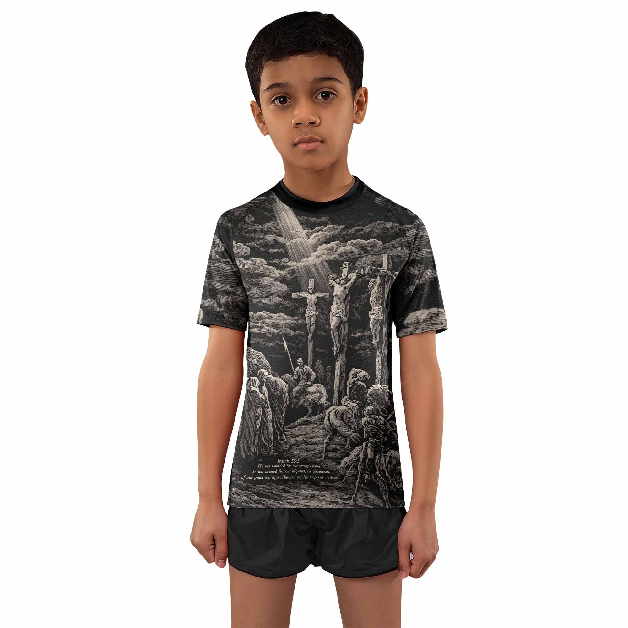 By His Stripes We Are Healed Kids Rash Guard Short Sleeve - boy's lifestyle view