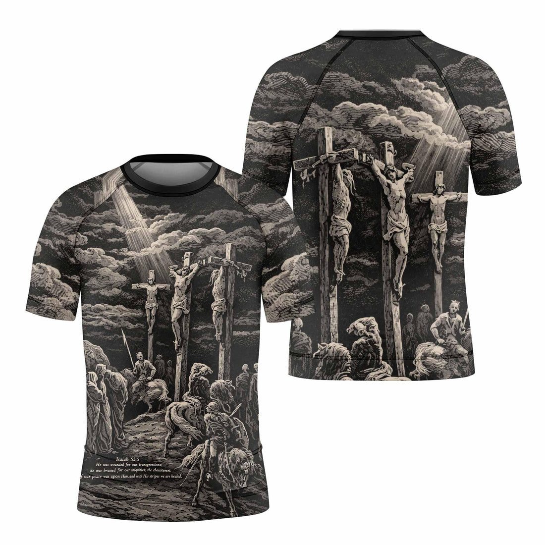 By His Stripes We Are Healed Kids Rash Guard Short Sleeve - front and back view