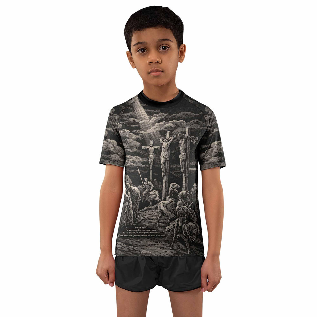 By His Stripes We Are Healed Kids Rash Guard Short Sleeve - front and back view