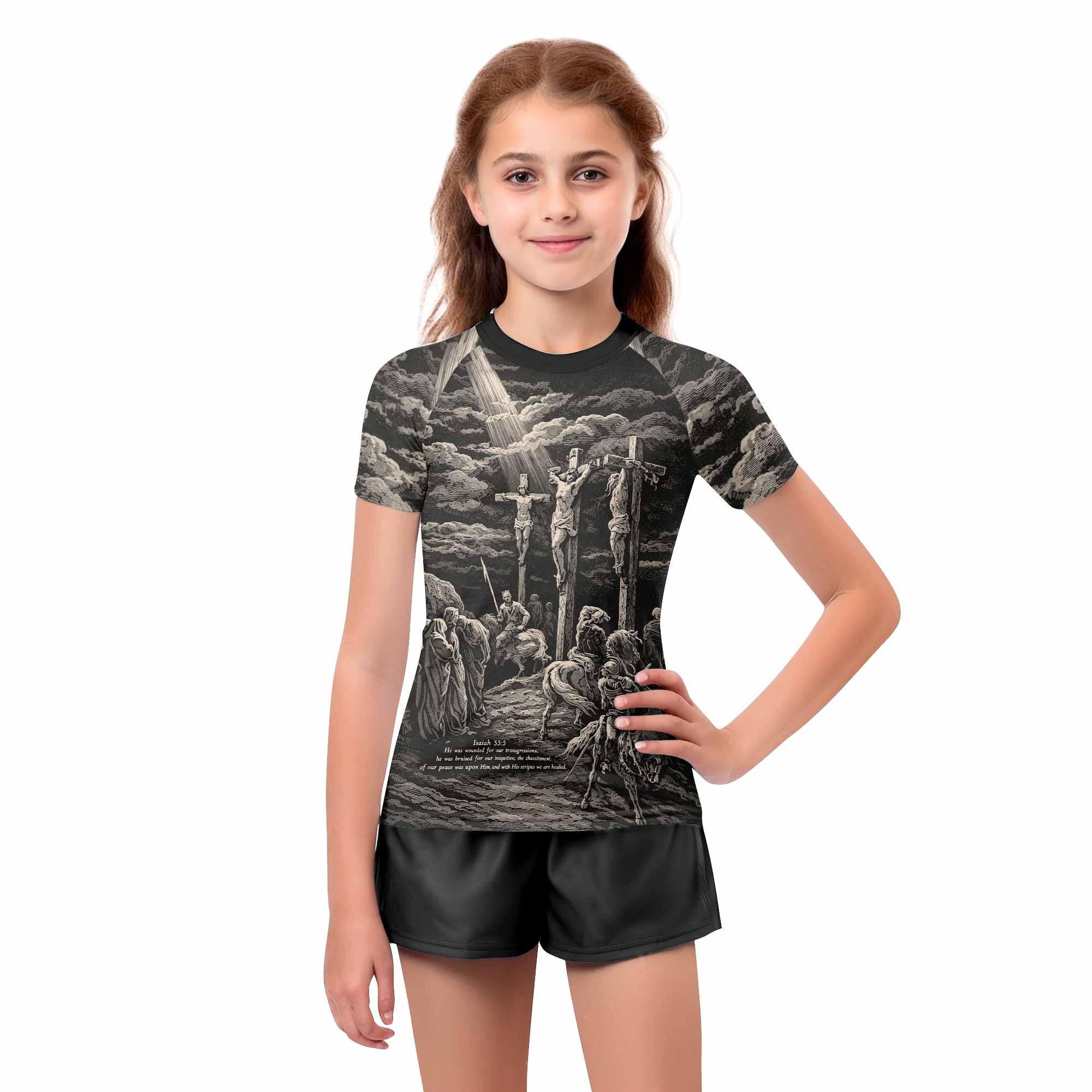 By His Stripes We Are Healed Kids Rash Guard Short Sleeve - girl's lifestyle view