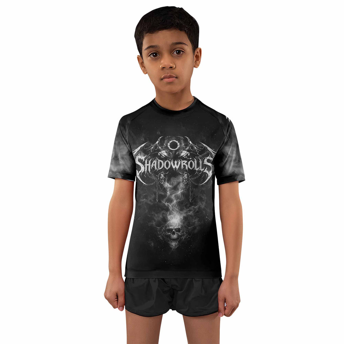 Wraith of the Abyss Kids Rash Guard Short Sleeve - front and back view