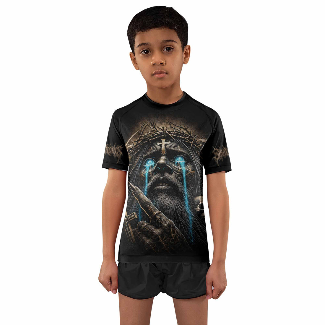 Tears Of Christ Kids Rash Guard Short Sleeve - front and back view