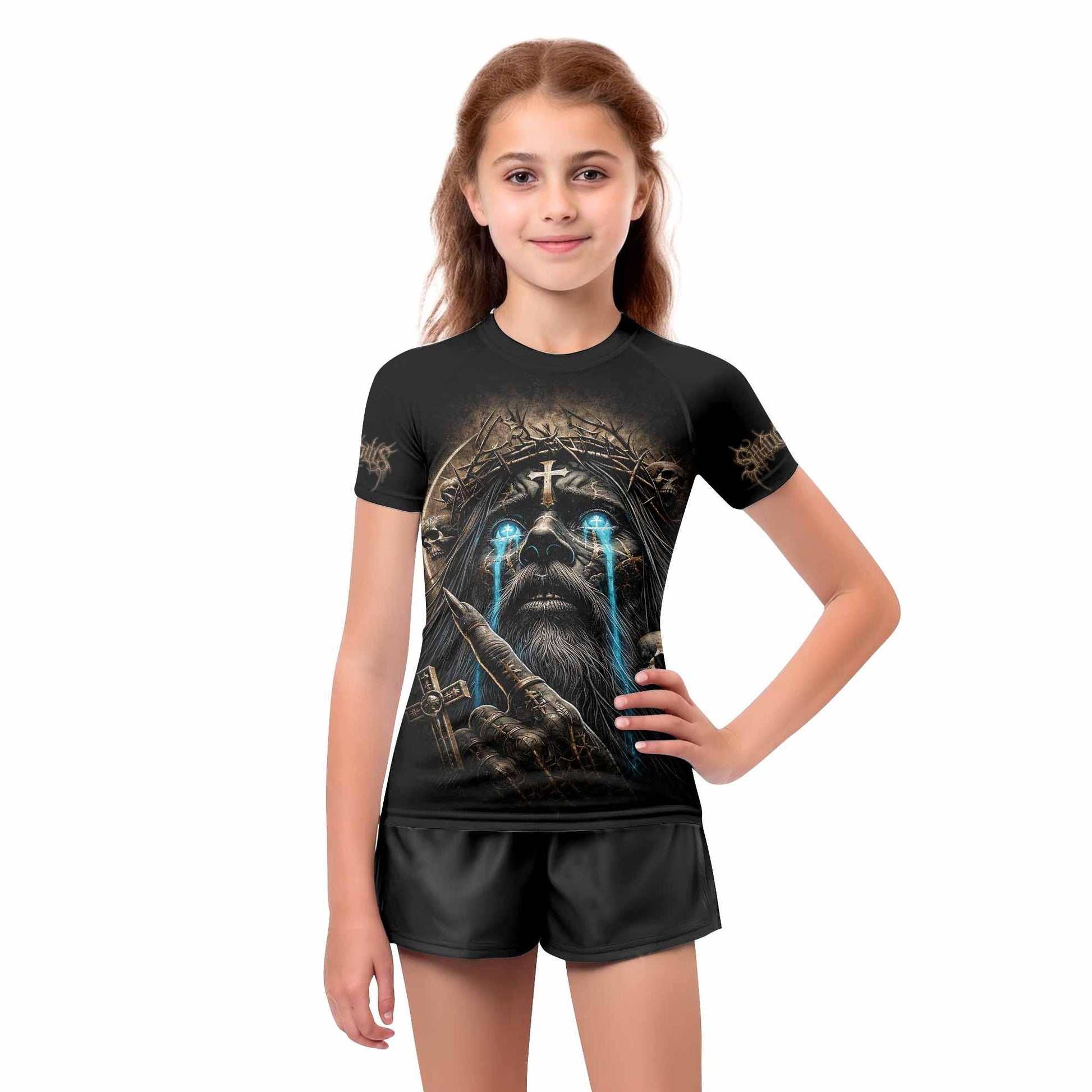 Tears Of Christ Kids Rash Guard Short Sleeve - girl's lifestyle view
