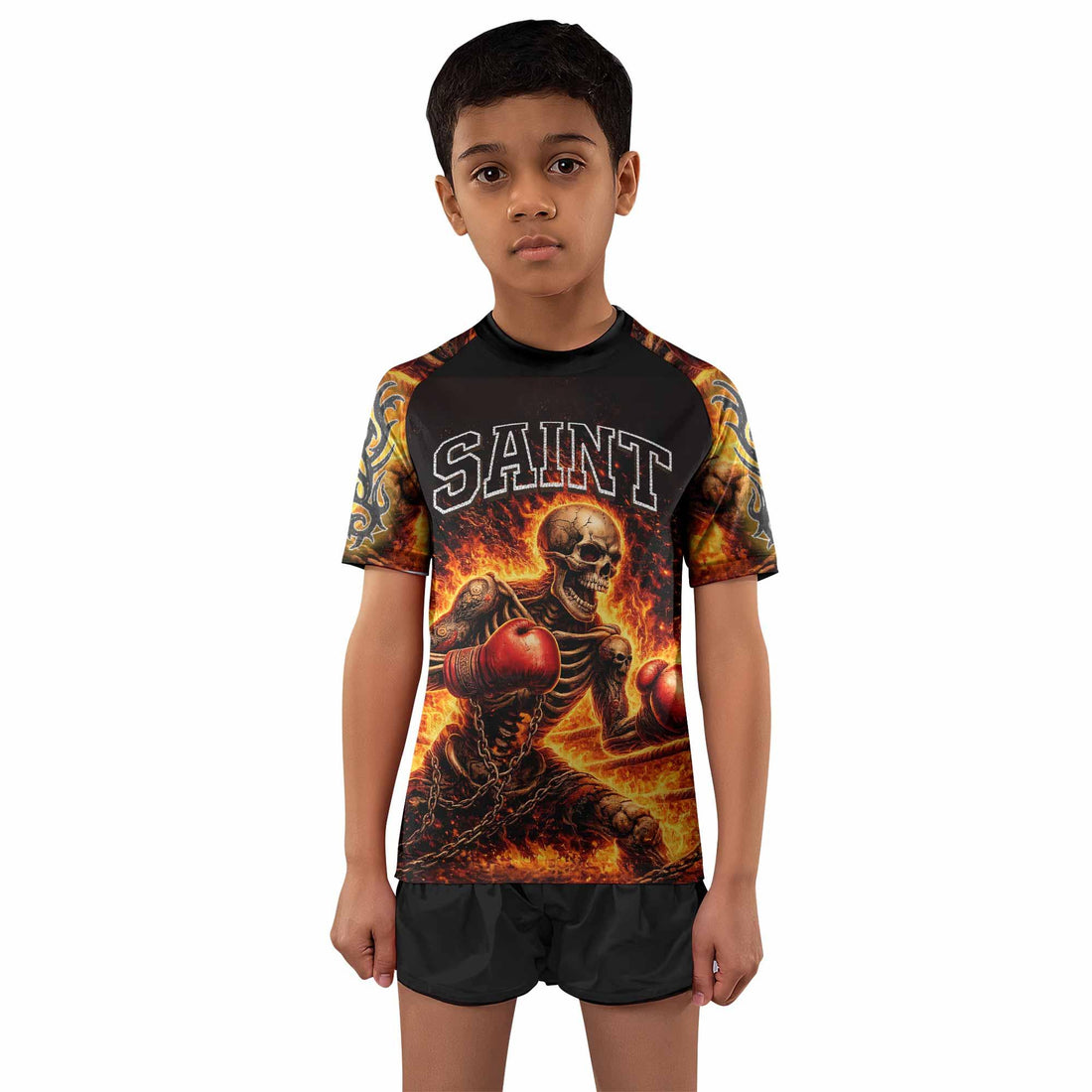 Saint King of Kings Kids Rash Guard Short Sleeve - front and back view