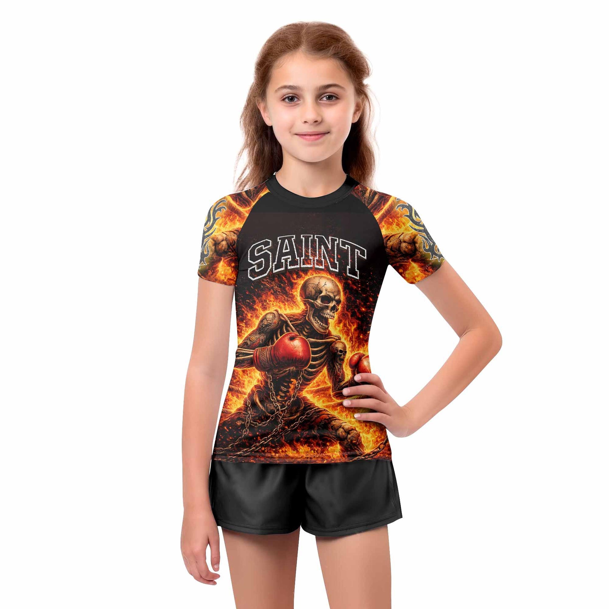 Saint King of Kings Kids Rash Guard Short Sleeve - girl's lifestyle view