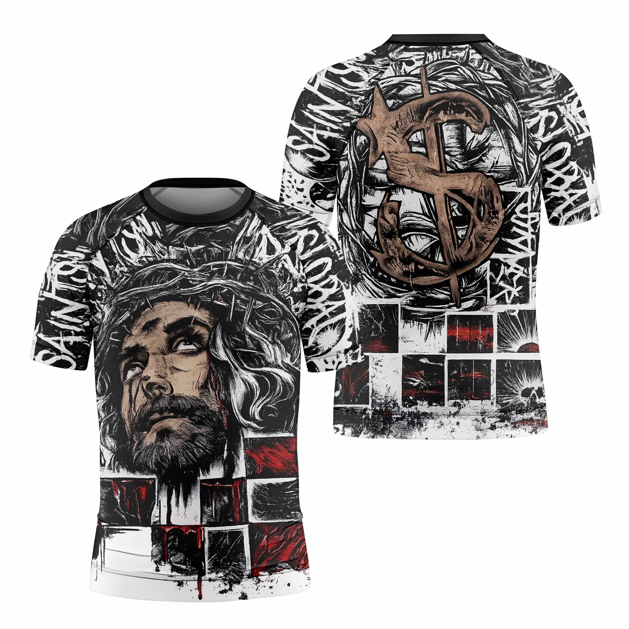 Man of Sorrows Kids Rash Guard Short Sleeve - front and back view