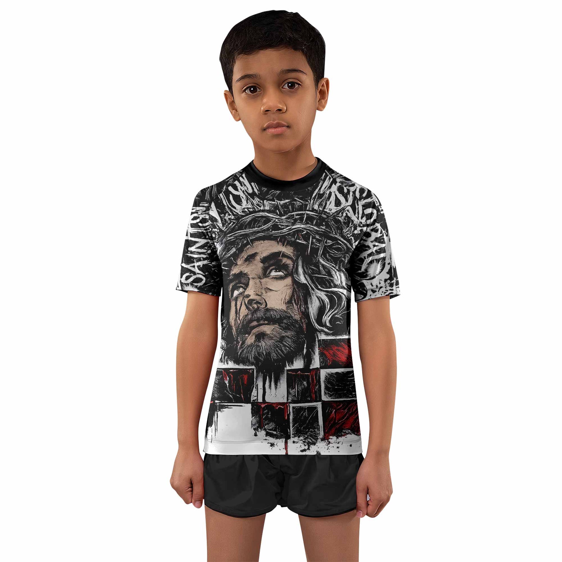 Man of Sorrows Kids Rash Guard Short Sleeve - boy's lifestyle view