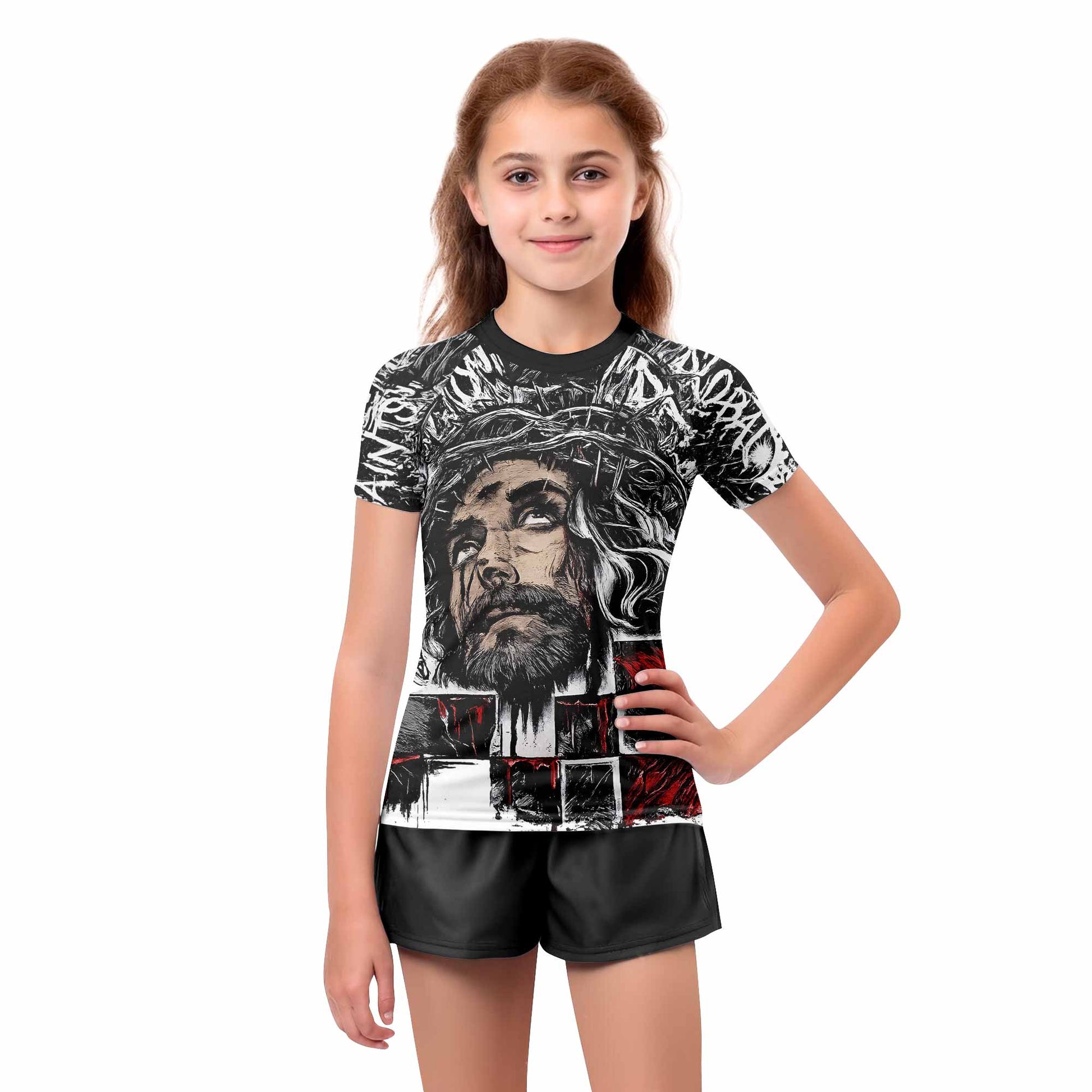 Man of Sorrows Kids Rash Guard Short Sleeve - girl's lifestyle view