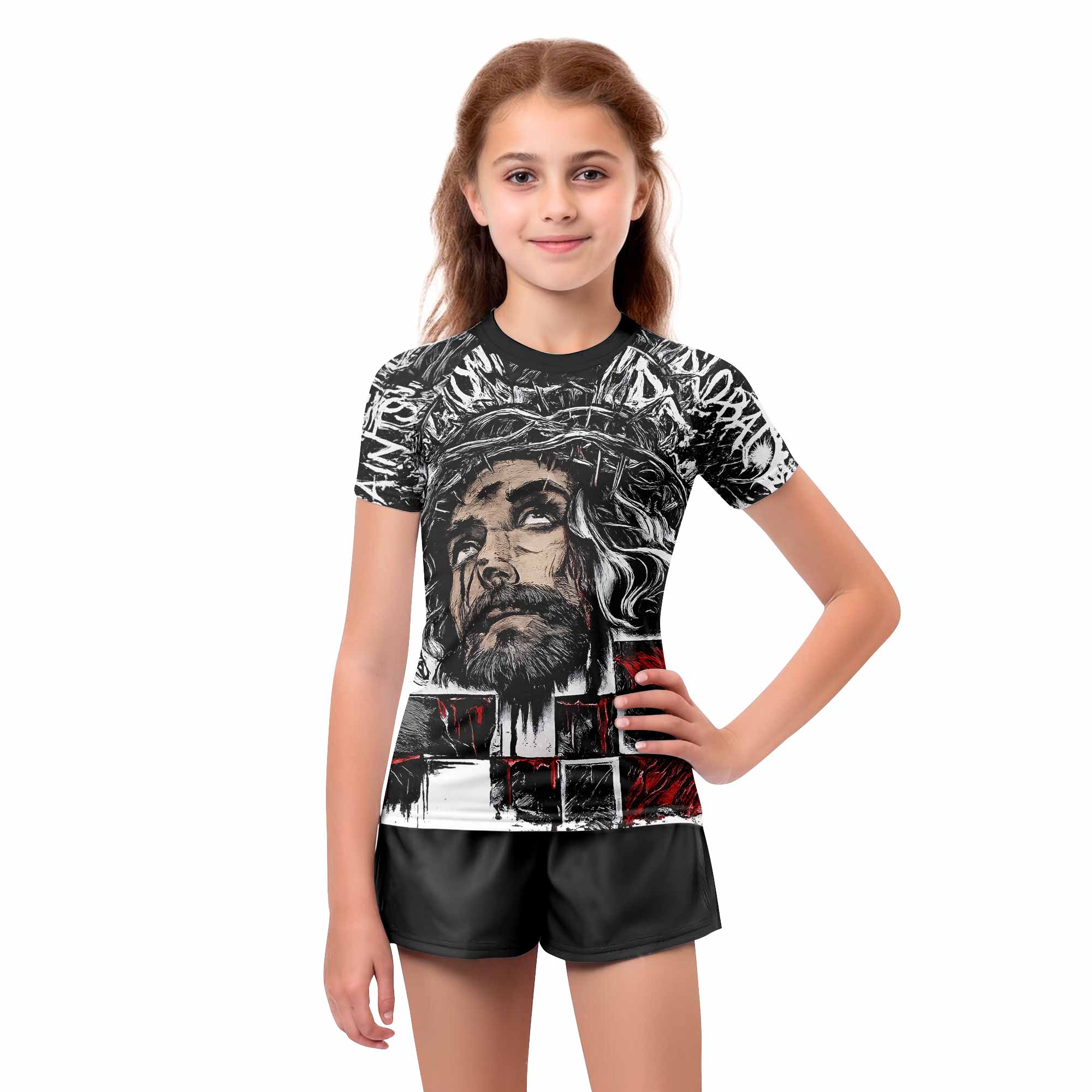 Man of Sorrows Kids Rash Guard Short Sleeve - girl's lifestyle view
