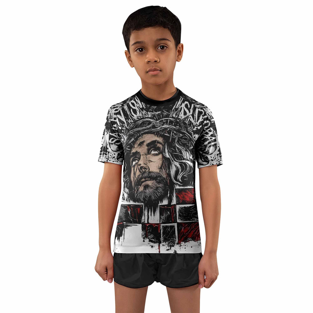 Man of Sorrows Kids Rash Guard Short Sleeve - front and back view