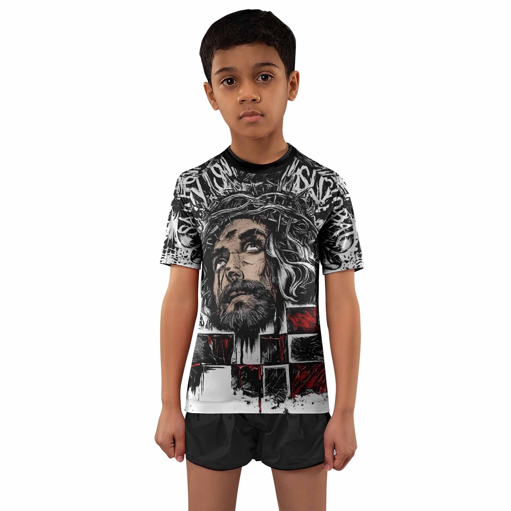 Man of Sorrows Kids Rash Guard Short Sleeve - front and back view
