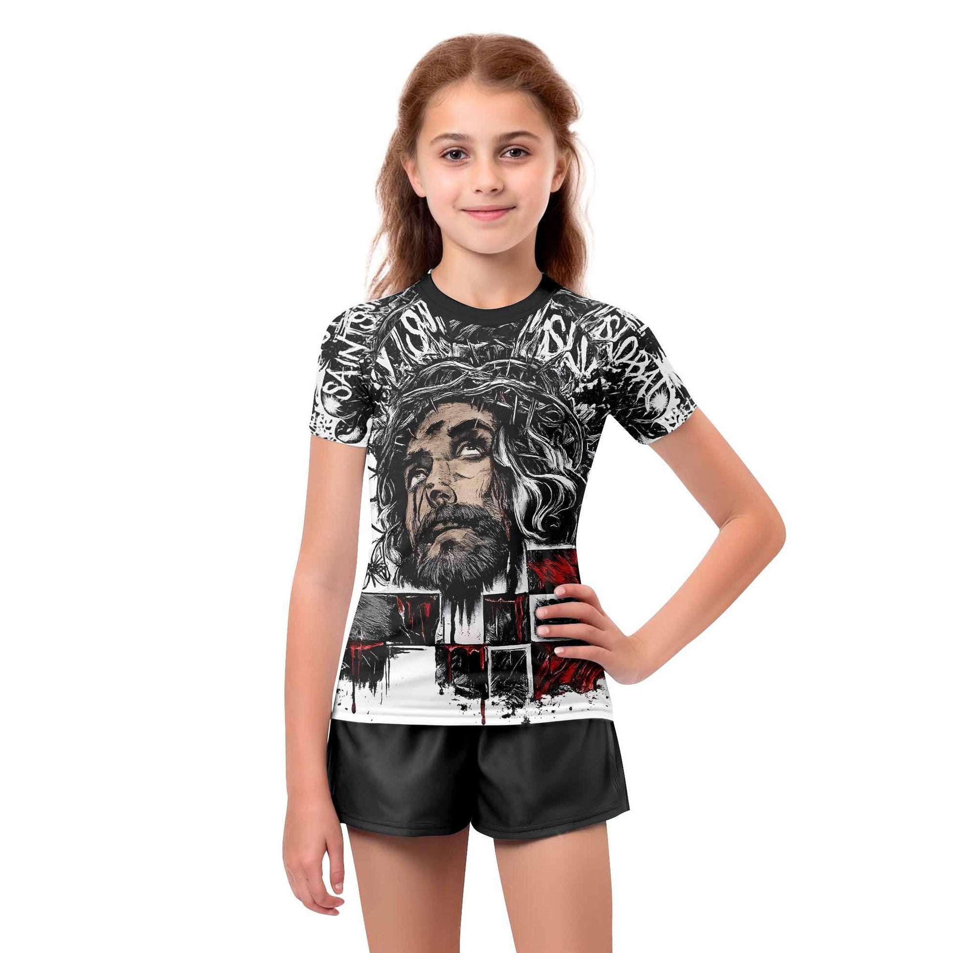 Man of Sorrows Kids Rash Guard Short Sleeve - girl's lifestyle view