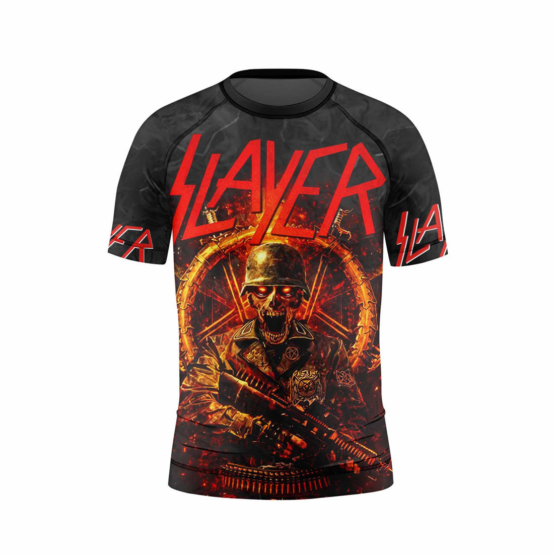 Slayer Goat Skull Kids Rash Guard Short Sleeve - front and back view
