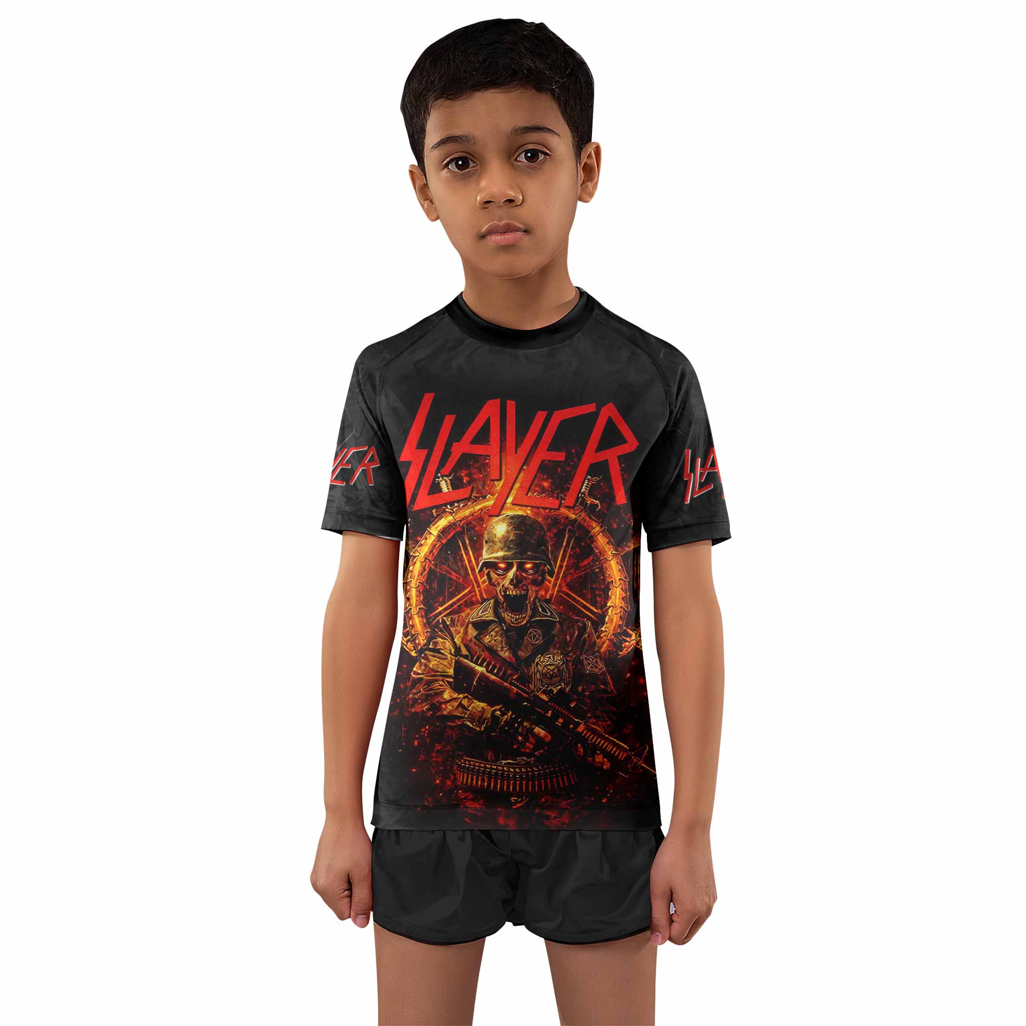Slayer Goat Skull Kids Rash Guard Short Sleeve - front and back view