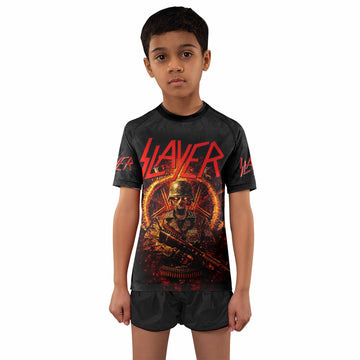 Slayer Goat Skull Kids Rash Guard Short Sleeve - front and back view