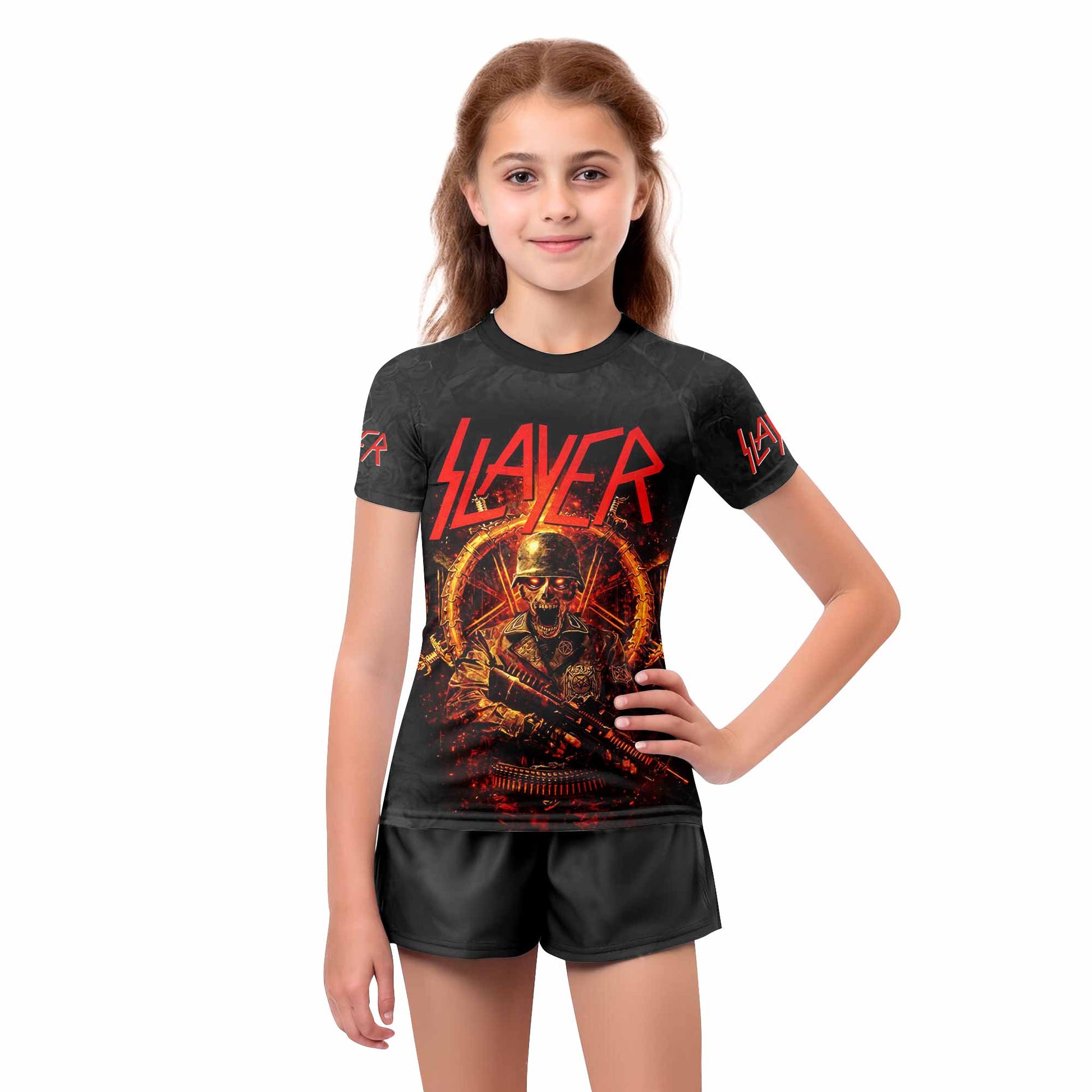 Slayer Goat Skull Kids Rash Guard Short Sleeve - girl's lifestyle view