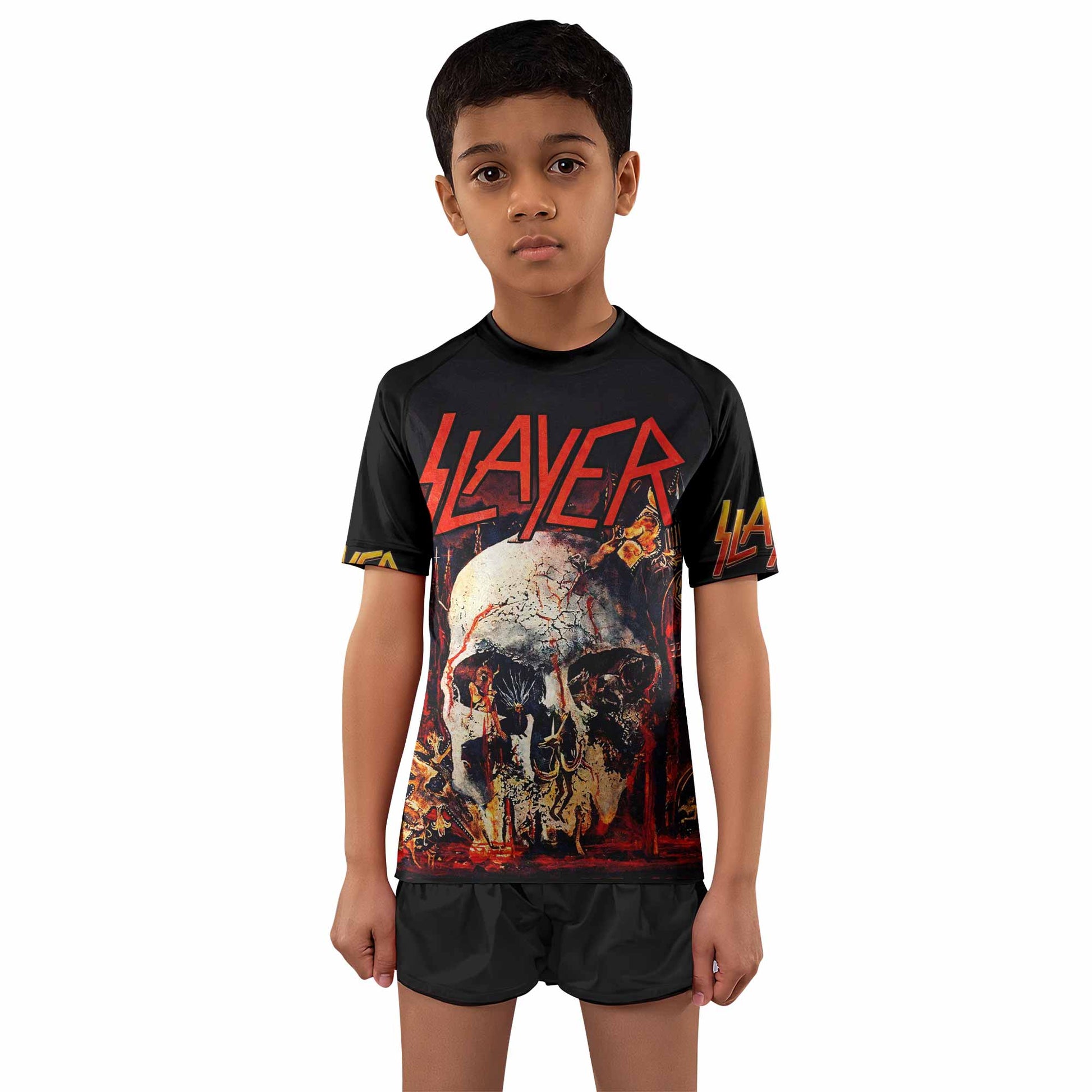Slayer South Of Heaven Kids Rash Guard Short Sleeve - boy's lifestyle view
