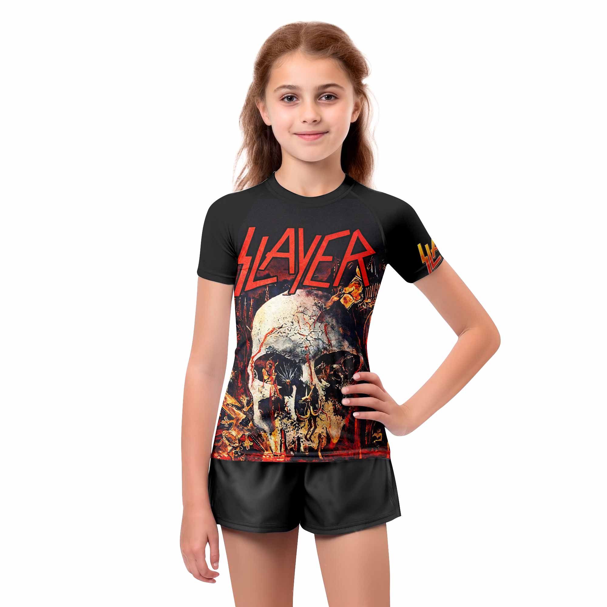 Slayer South Of Heaven Kids Rash Guard Short Sleeve - girl's lifestyle view
