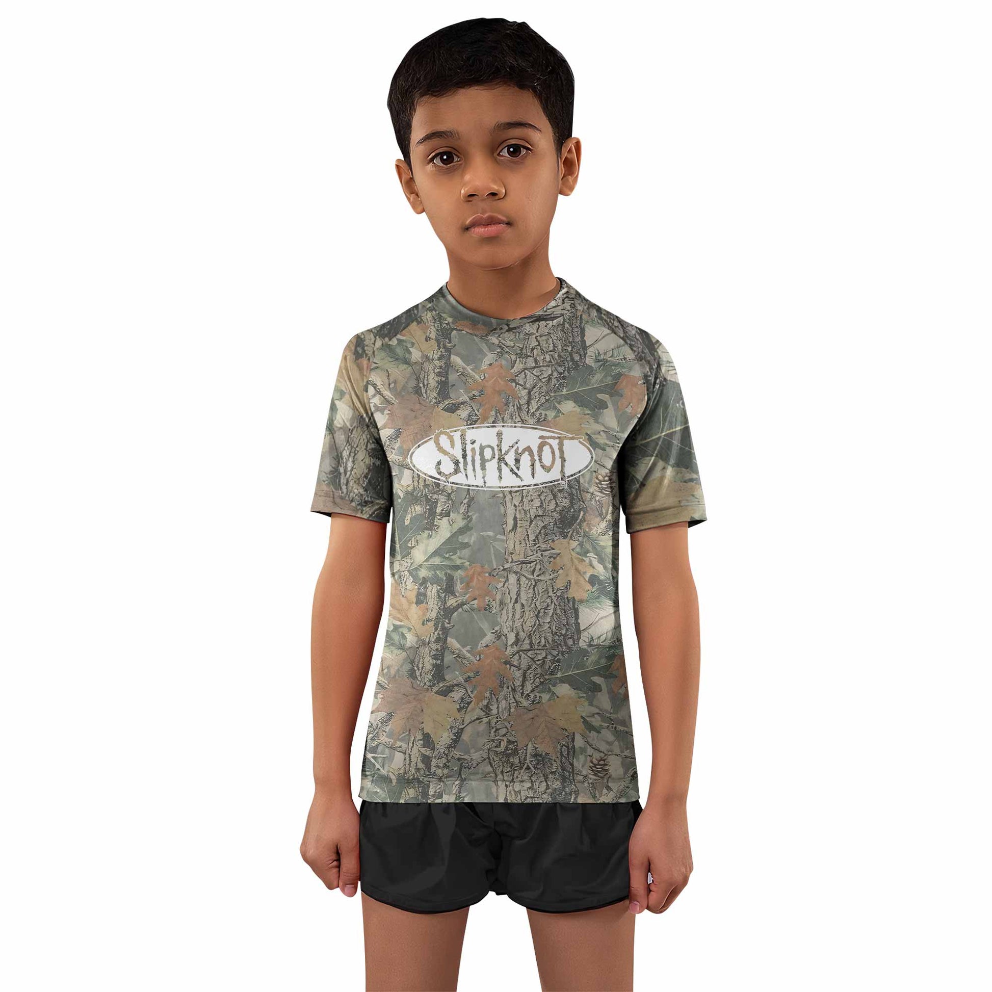 Slipknot Forest Camo Kids Rash Guard Short Sleeve - boy's lifestyle view