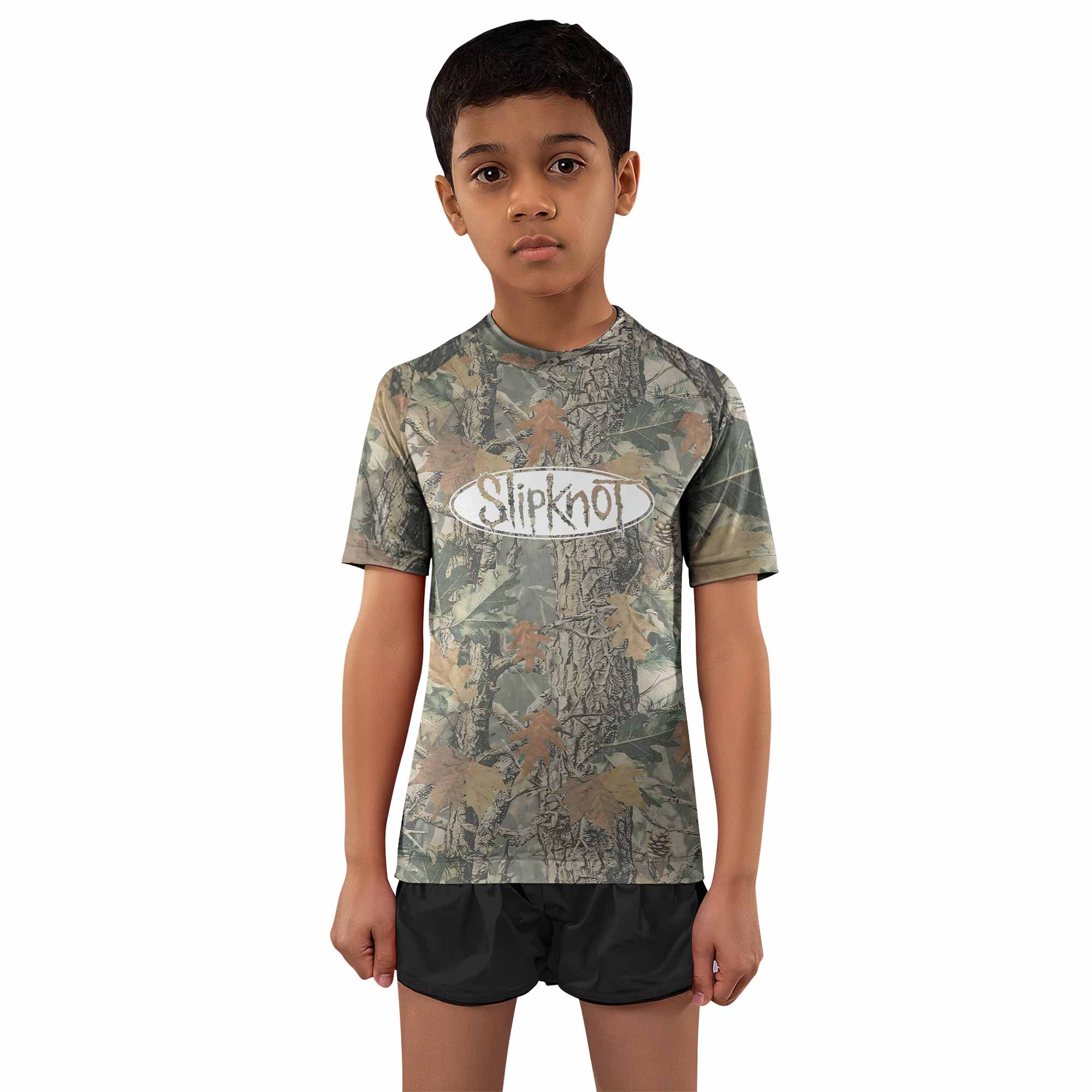Slipknot Forest Camo Kids Rash Guard Short Sleeve - boy's lifestyle view