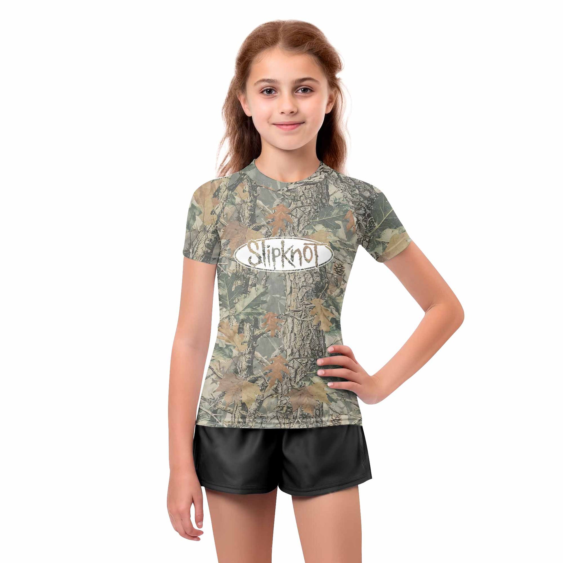 Slipknot Forest Camo Kids Rash Guard Short Sleeve - girl's lifestyle view