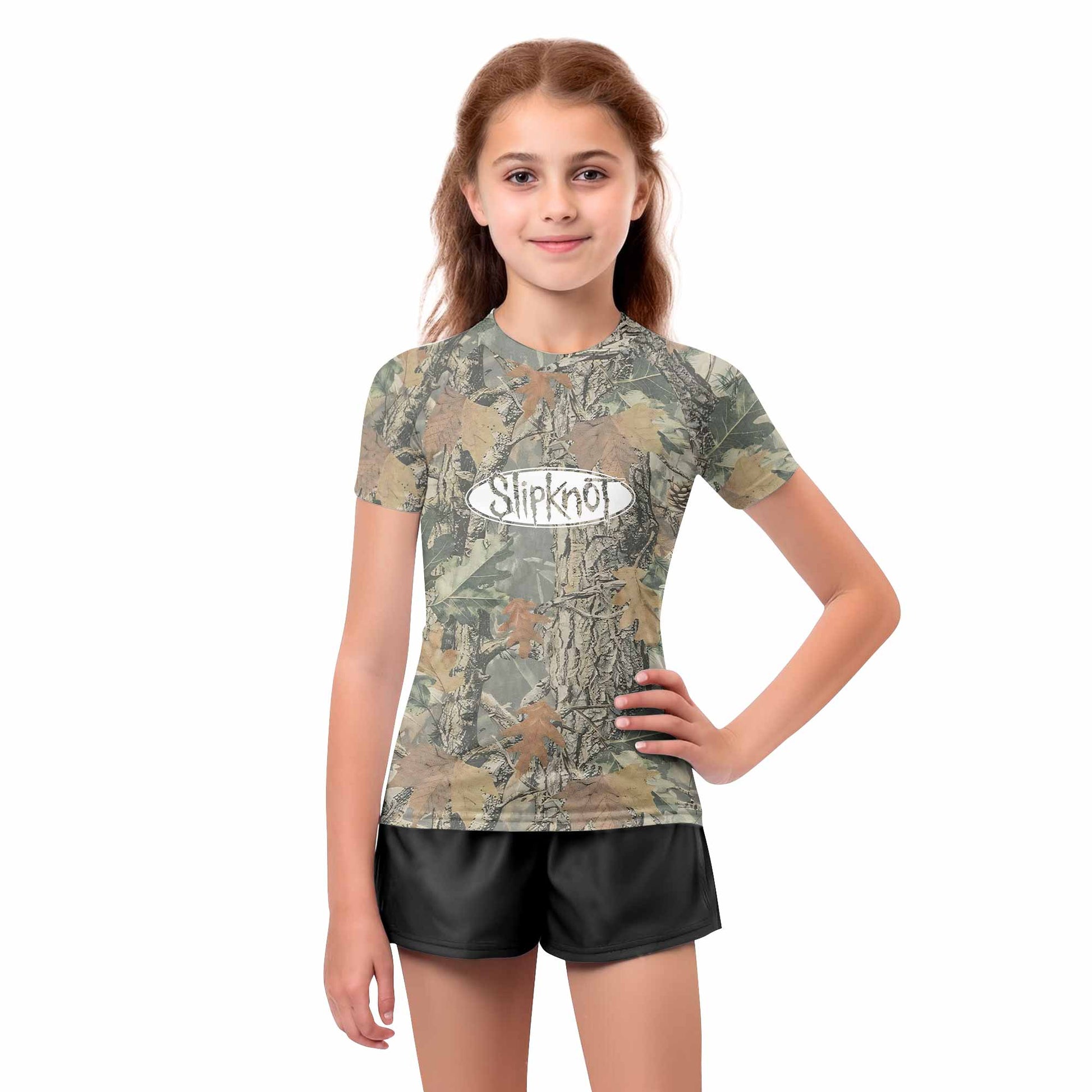Slipknot Forest Camo Kids Rash Guard Short Sleeve - girl's lifestyle view