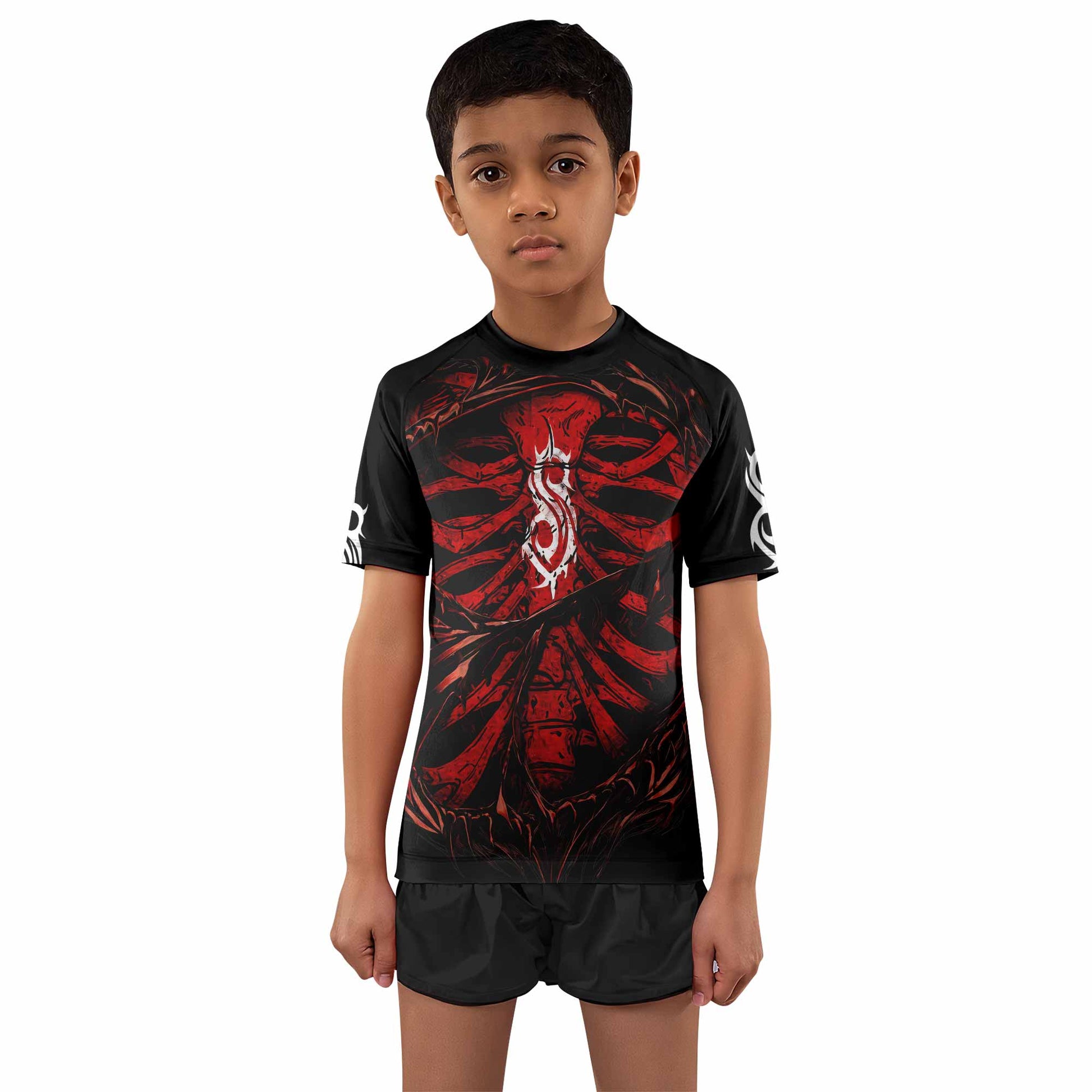 Slipknot Crimson Ribcage Kids Rash Guard Short Sleeve - boy's lifestyle view