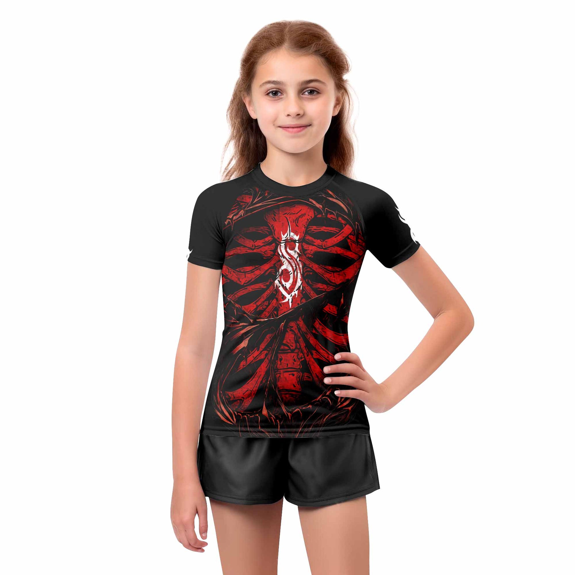 Slipknot Crimson Ribcage Kids Rash Guard Short Sleeve - girl's lifestyle view