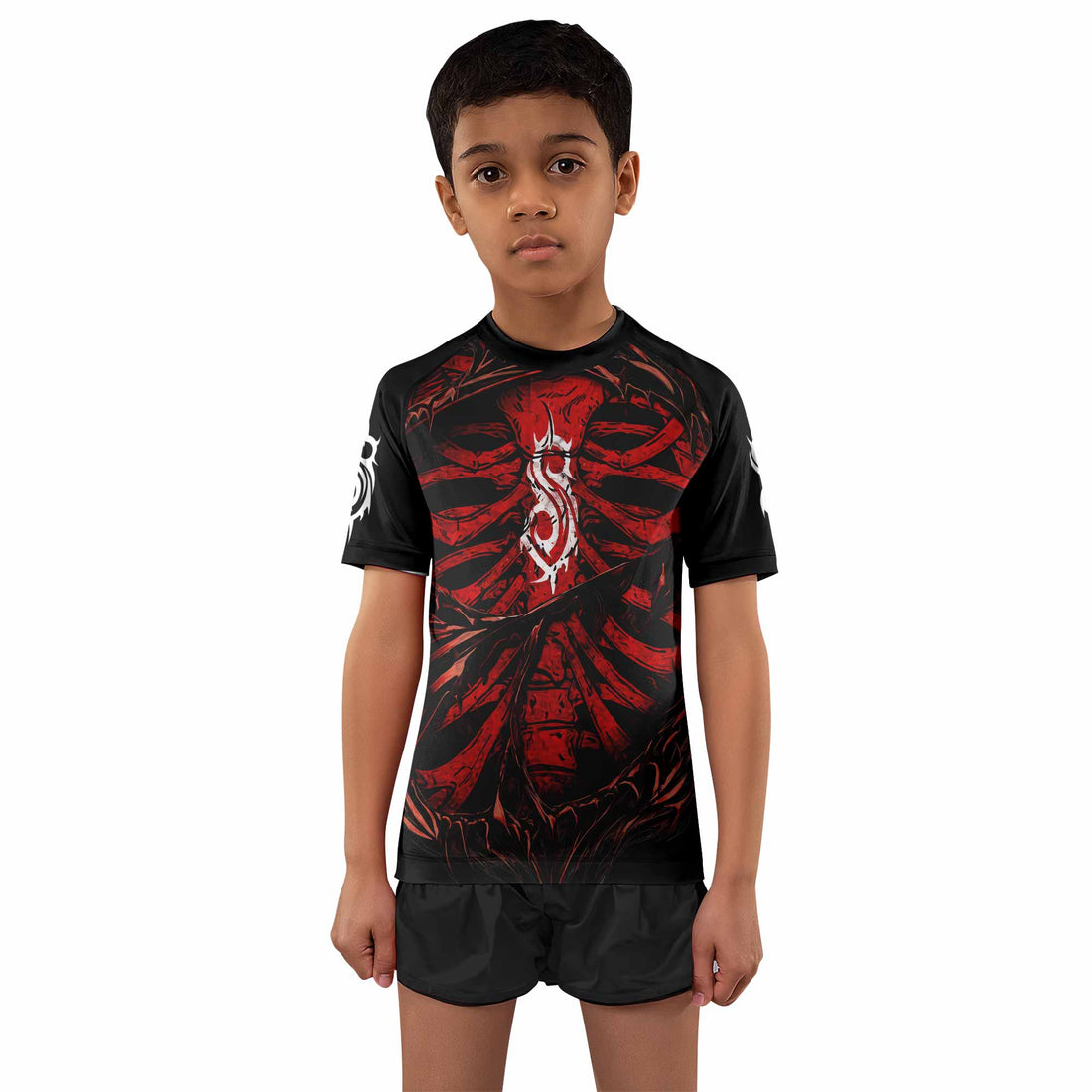 Slipknot Crimson Ribcage Kids Rash Guard Short Sleeve - front and back view