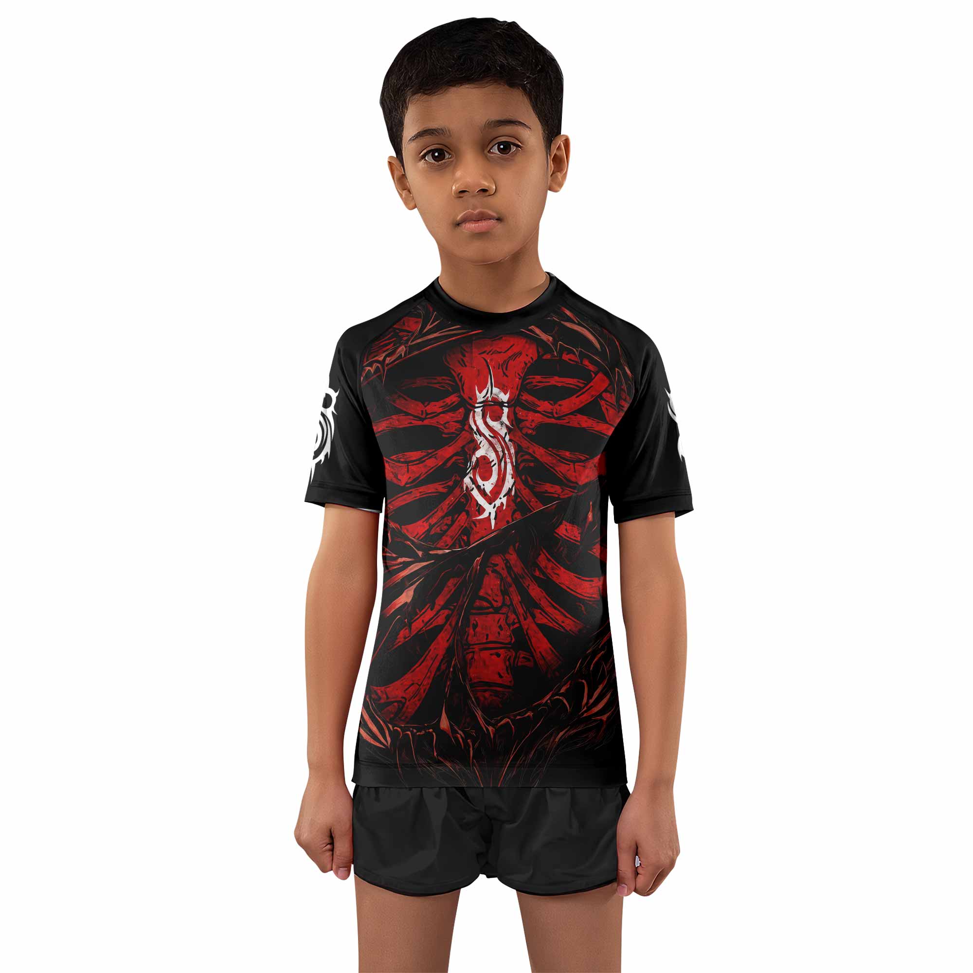 Slipknot Crimson Ribcage Kids Rash Guard Short Sleeve - front and back view