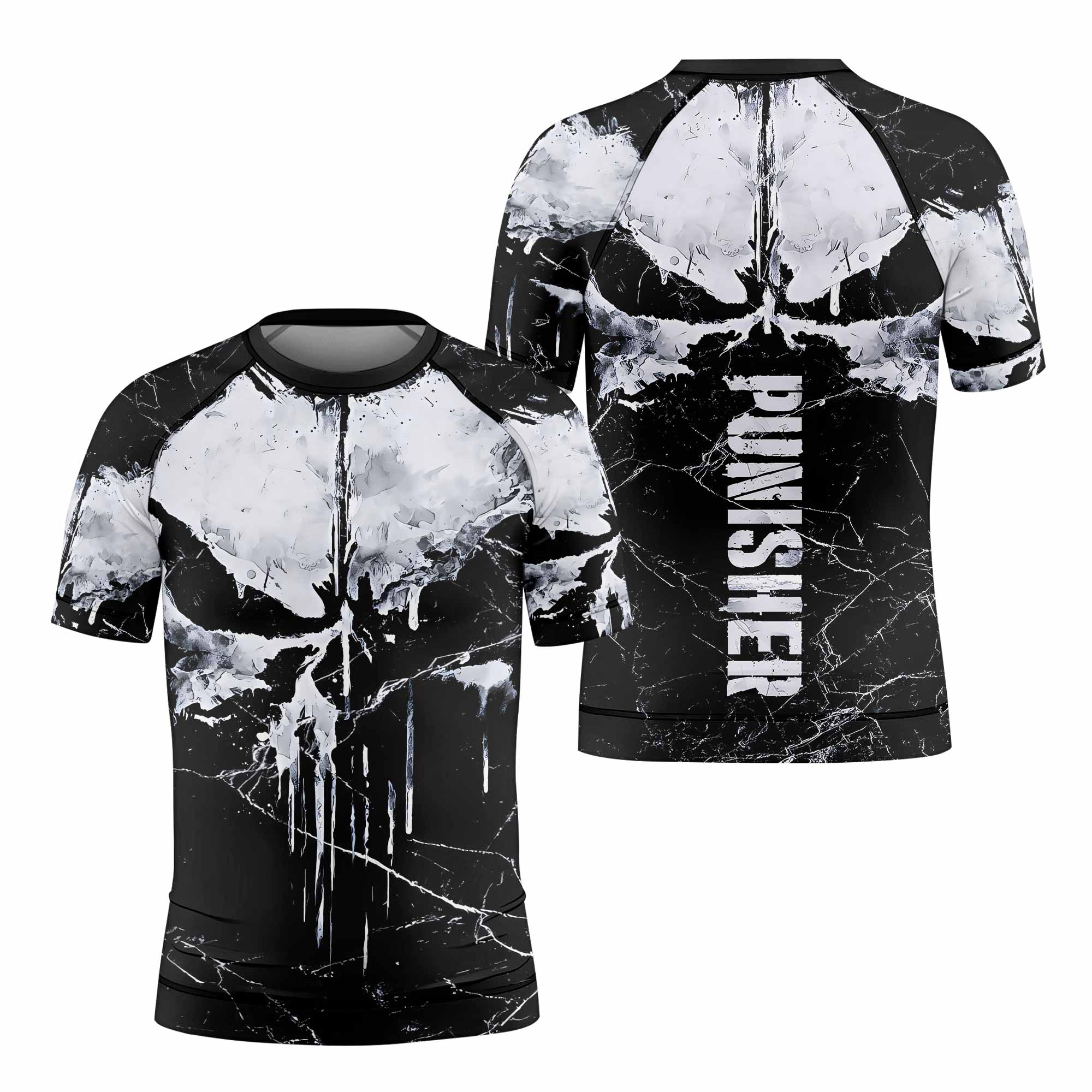 Punisher War Skull Kids Rash Guard Short Sleeve - front and back view